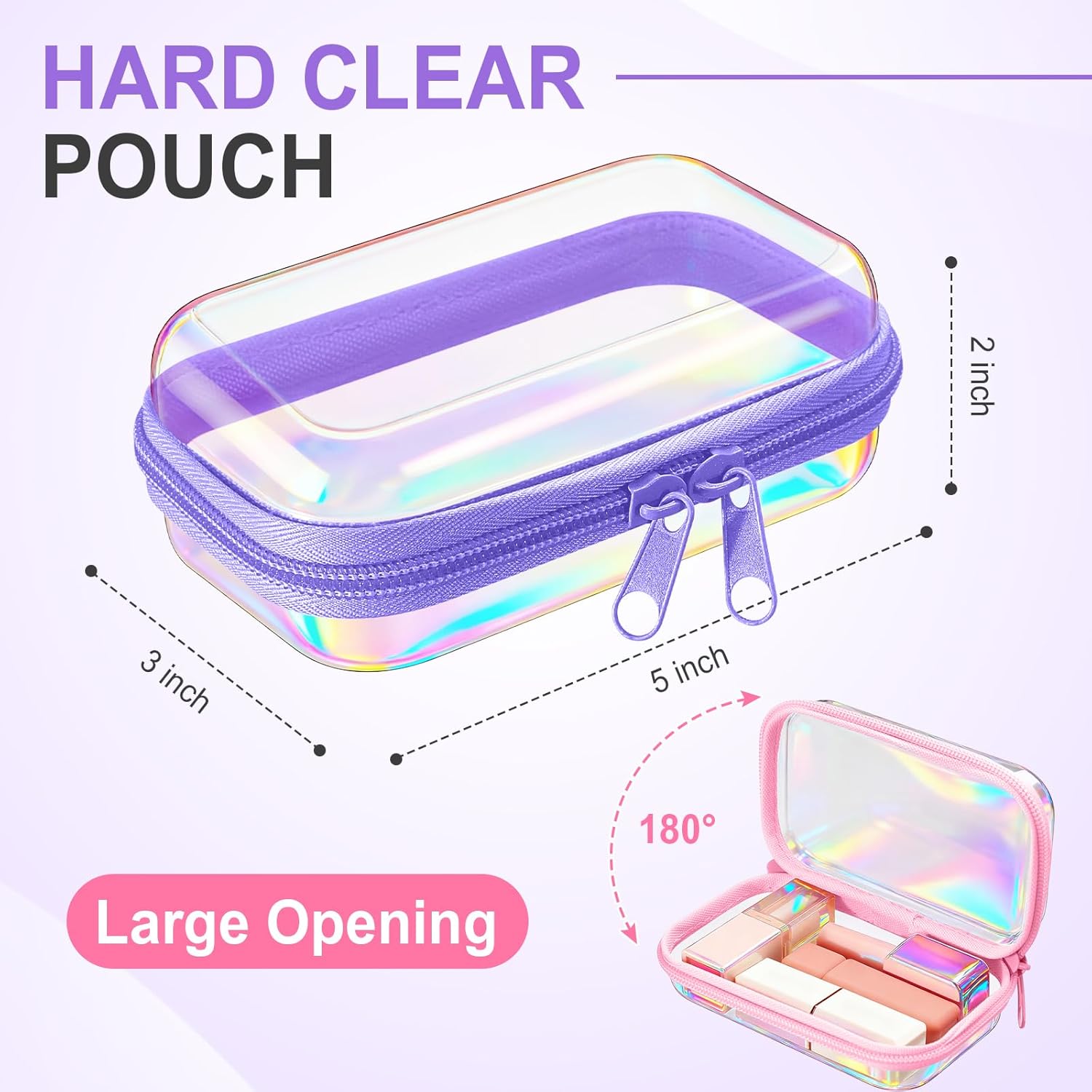 Sanwuta 6 Pcs Clear Hard Zipper Case Plastic Zipper Pouches Transparent Makeup Bag Pencil Case Pouches Toiletry Diaper Bag for Travel Toy Storage Organizer Bins(Holographic,5 x 3 x 2 Inch) - Image 2
