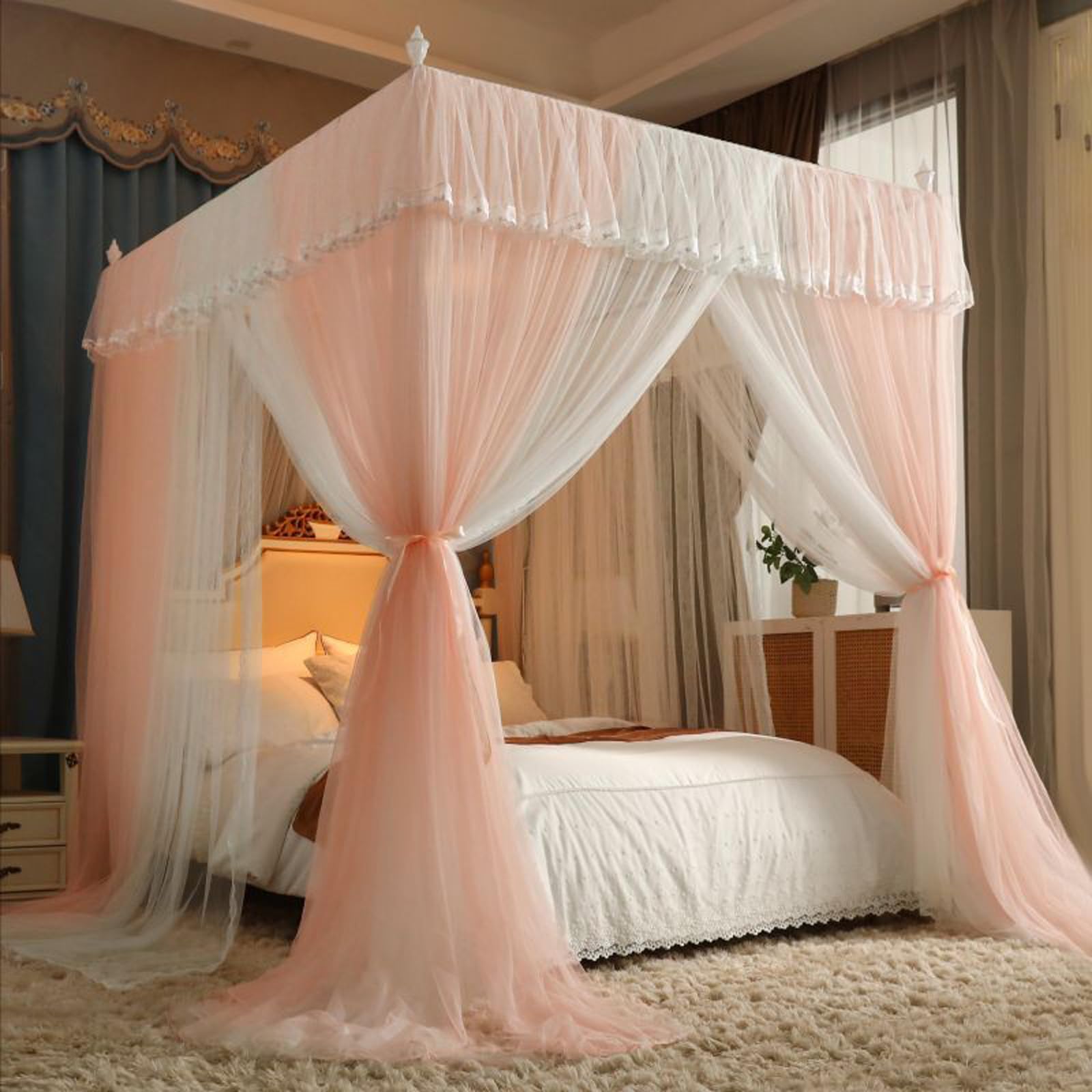 GTHTUHFD Princess Bed Canopy - Four Corner Post Lace Embroidery Mosquito Netting For Girls' Room - Elegant Dreamy Bedroom Decor,Pink-1-1.8 * 2.0m
