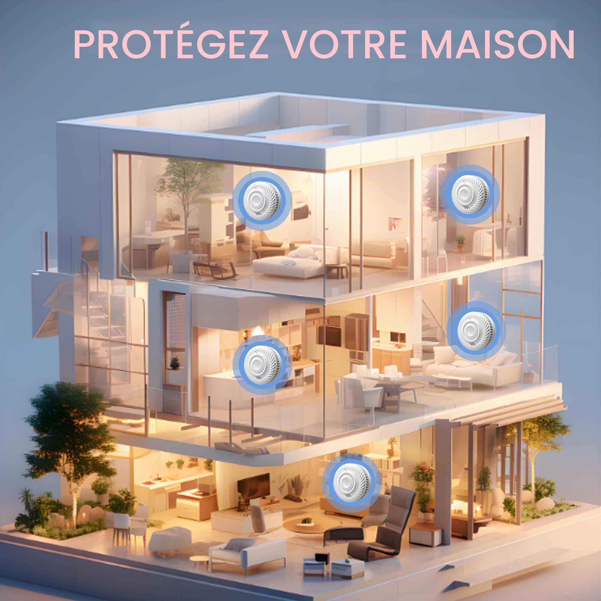 Détecteur de fumée Intelligent, Alarme Incendie, Alarme de fumée avec capteur photoélectrique avancé, Surveillance à Distance Via app avec Batterie de 10 Ans de durée de Vie, Alarme de 85 DB. 4PCS