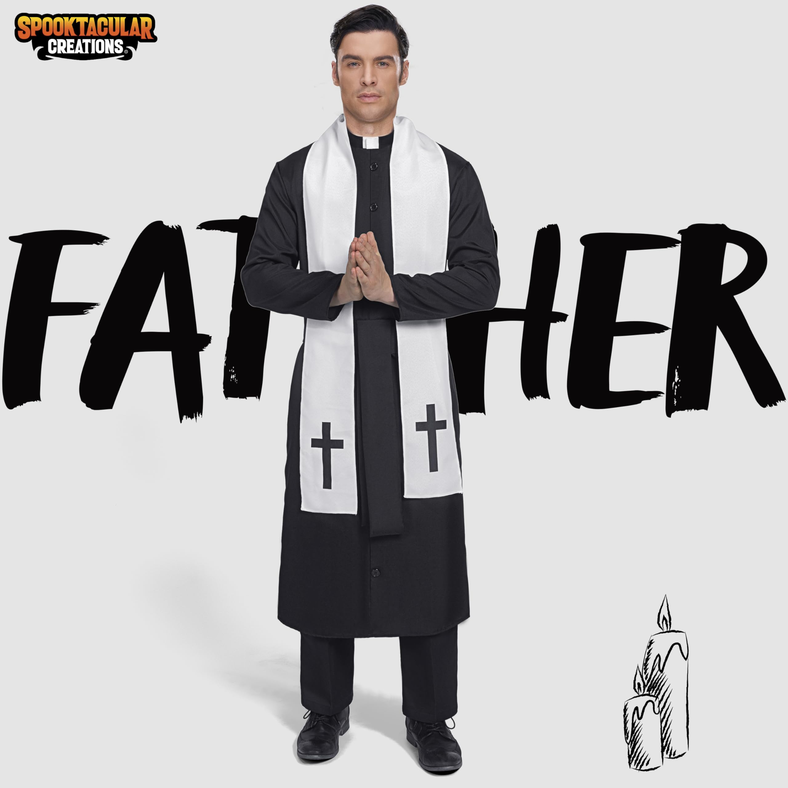 Spooktacular Creations Stola da sacerdote nera da uomo per adulti, costume da prete per feste di Halloween, cosplay (grande)