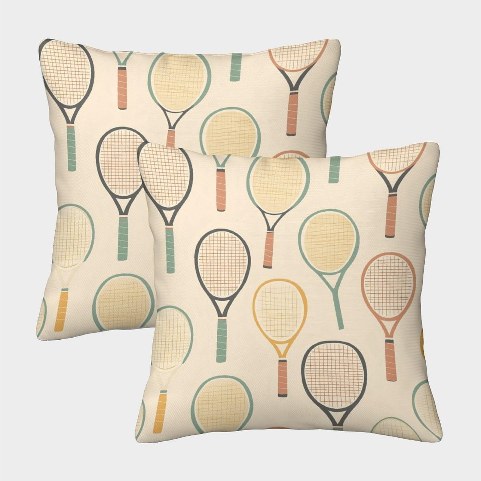 GXYUAOIEF Tennis Racket Pattern Cushion Covers Set of 2 Vintage Sport Design Style Square Cushion Case for Sofa Couch with Smooth Invisible Zip Soft Decorative 40x40cm