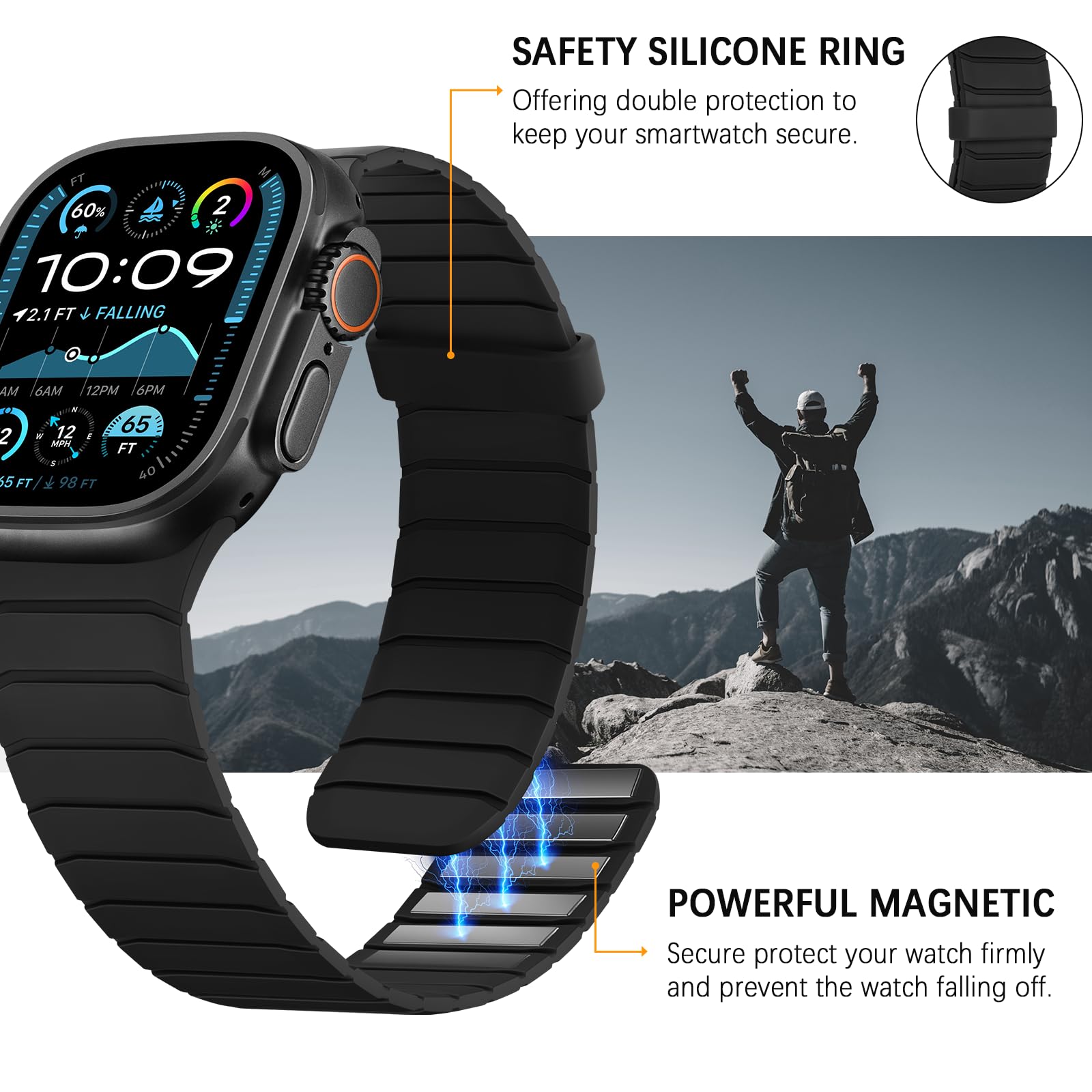 Sixmoat Cinturino Magnetico in Silicone Compatibile con Apple Watch 49mm 46mm 45mm 44mm 42mm per Uomo e Donna, Cinturini Sportivo e Leggero per Ultra SE Series 10 9 8 7 6 5 4 3, Nero