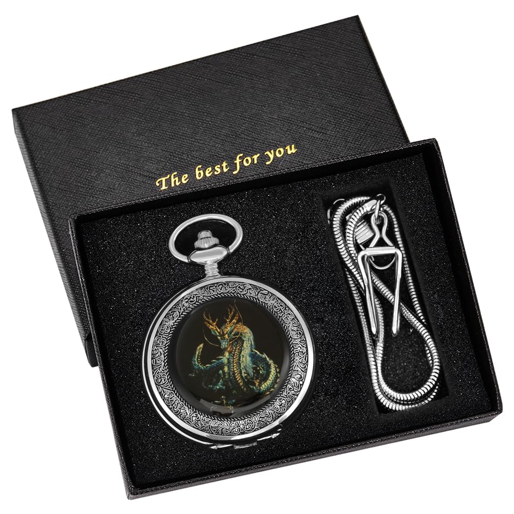 Tiong Mechanische Taschenuhr im Retro-Drachen-Design, mechanische Taschenuhr, römische Ziffern, mechanische Taschenuhren für Herren, mit Kette, Geschenk, Mpw151-UK…