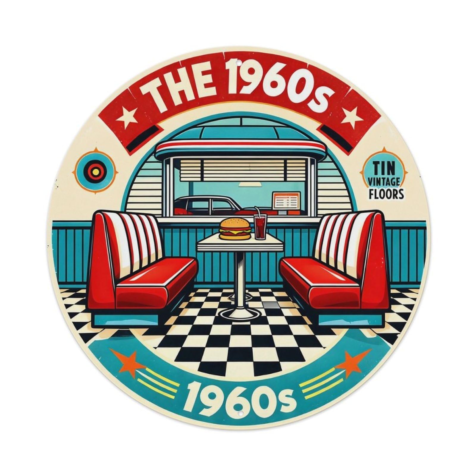 Ndieha Vintage Retro Diner Booths Checkerboard Floor Car Round Tin Sign Metal Poster Retro Bar, Home, Man Cave, Kitchen, Laundry Room Wall Art Decor Gift 8X8in