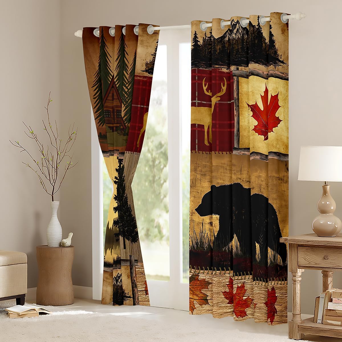 Patchwork Rustic Cabin Blackout Curtains For Bedroom Living Room 38"Wx45"L,Woodland Animal Deer Bear Curtains & Drapes Farmhouse Lodge Window Curtains Camping Mountain Pine Trees Curtains 2 Panels