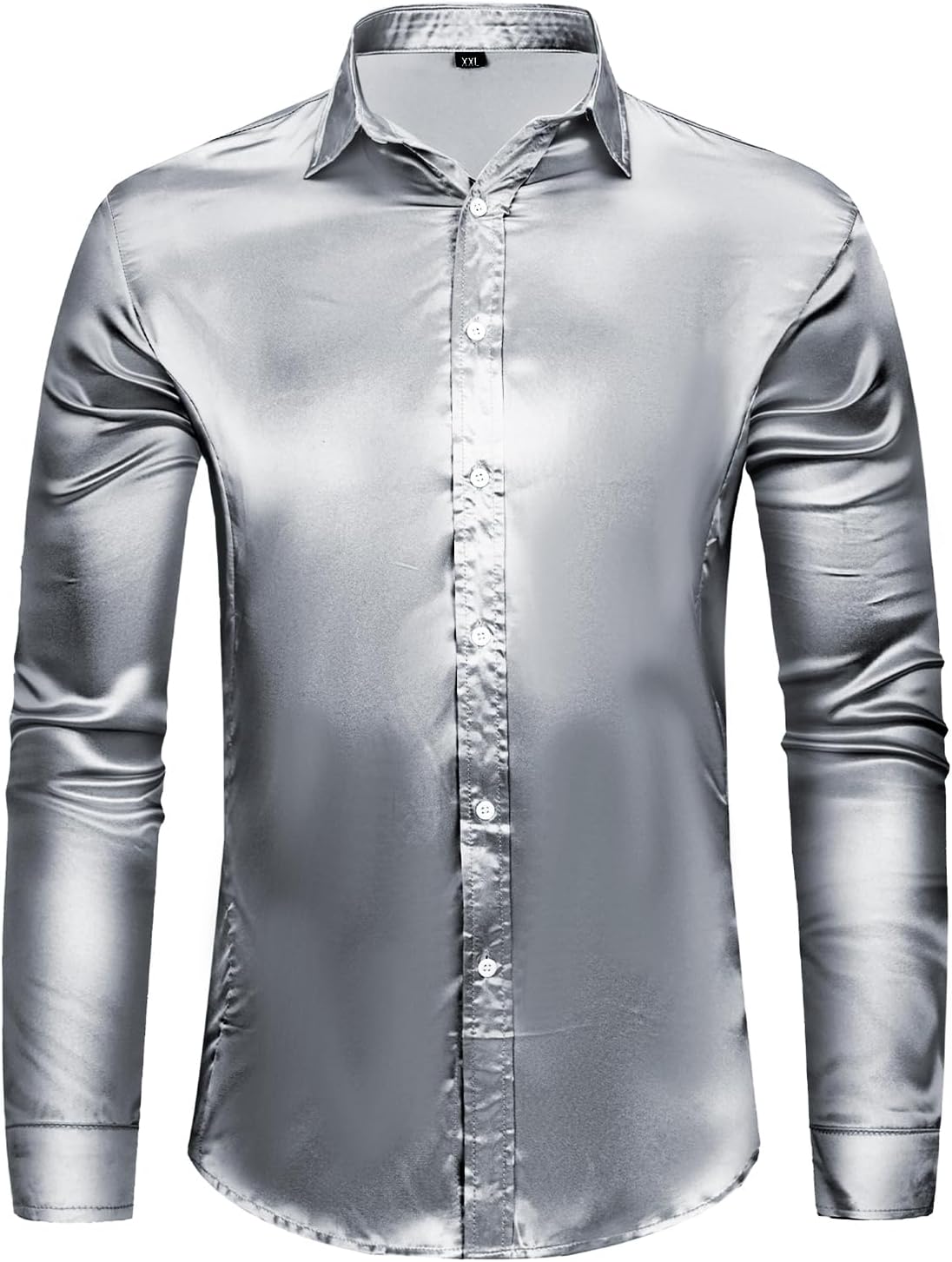 AOTORR Men's Luxury Shiny Silk Like Satin Button Up Dress Shirts Slim Fit Long Sleeve Nightclub Party Disco Prom Shirts - Image 3