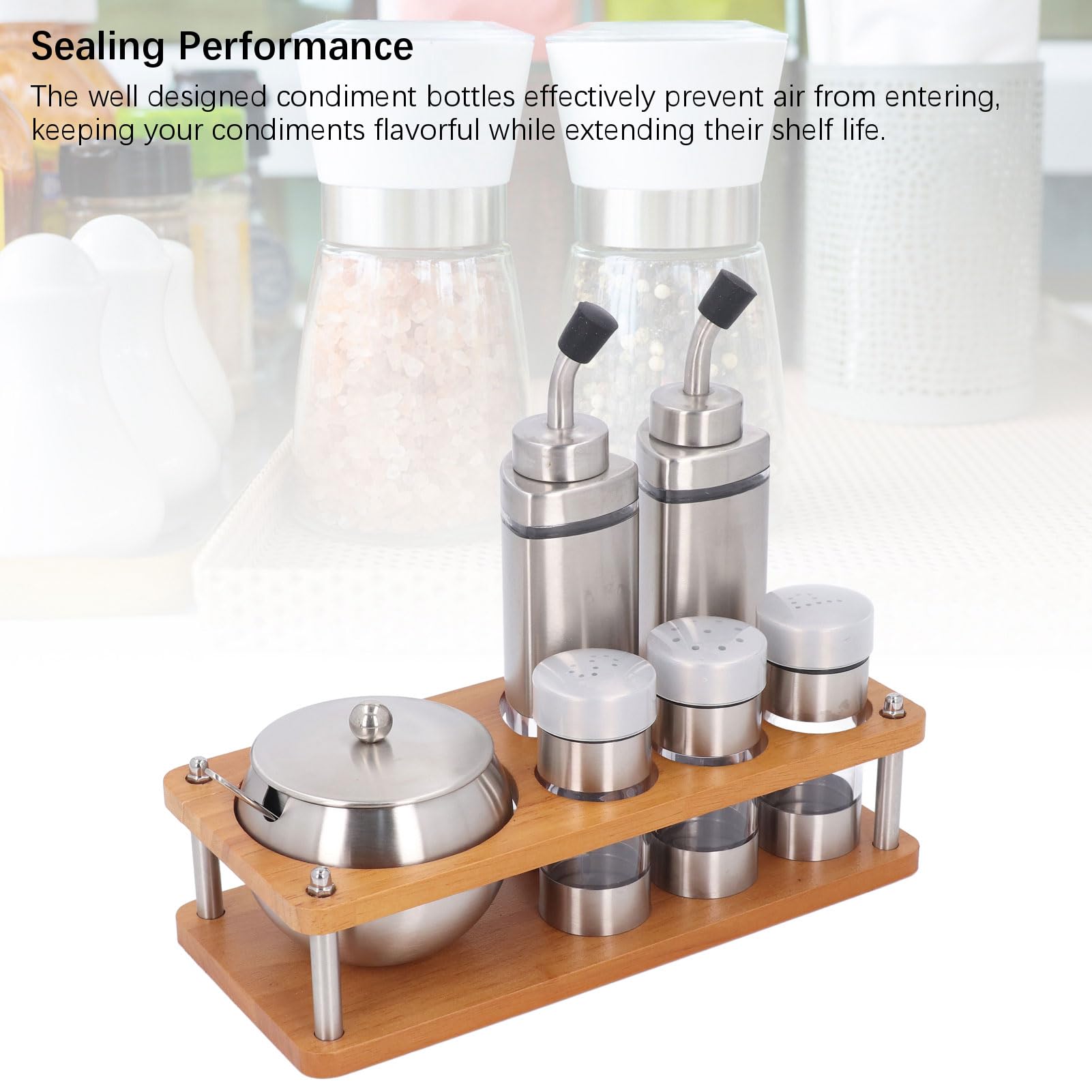 Juego de Dispensadores de Condimentos de Cocina, Juego de Botellas Dispensadoras de Vinagre y Aceite de Acero Inoxidable 304 con Base de Madera, Almacenamiento de 6 Piezas de Sal, Azúcar