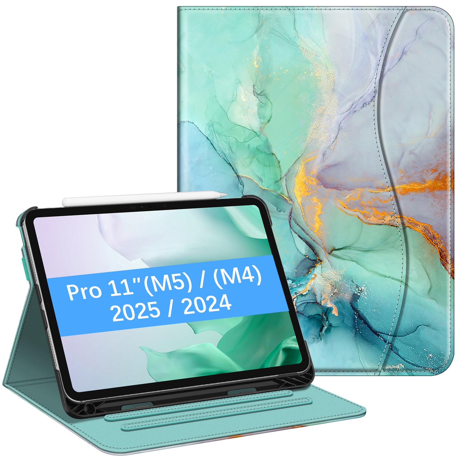 FINTIE Case Compatible with iPad Pro 11 inch (2024) M4 - [Corner Protection] Multi-Angle Viewing Stand Cover with Pocket & Pencil Holder, Auto Wake Sleep, Emerald Marble