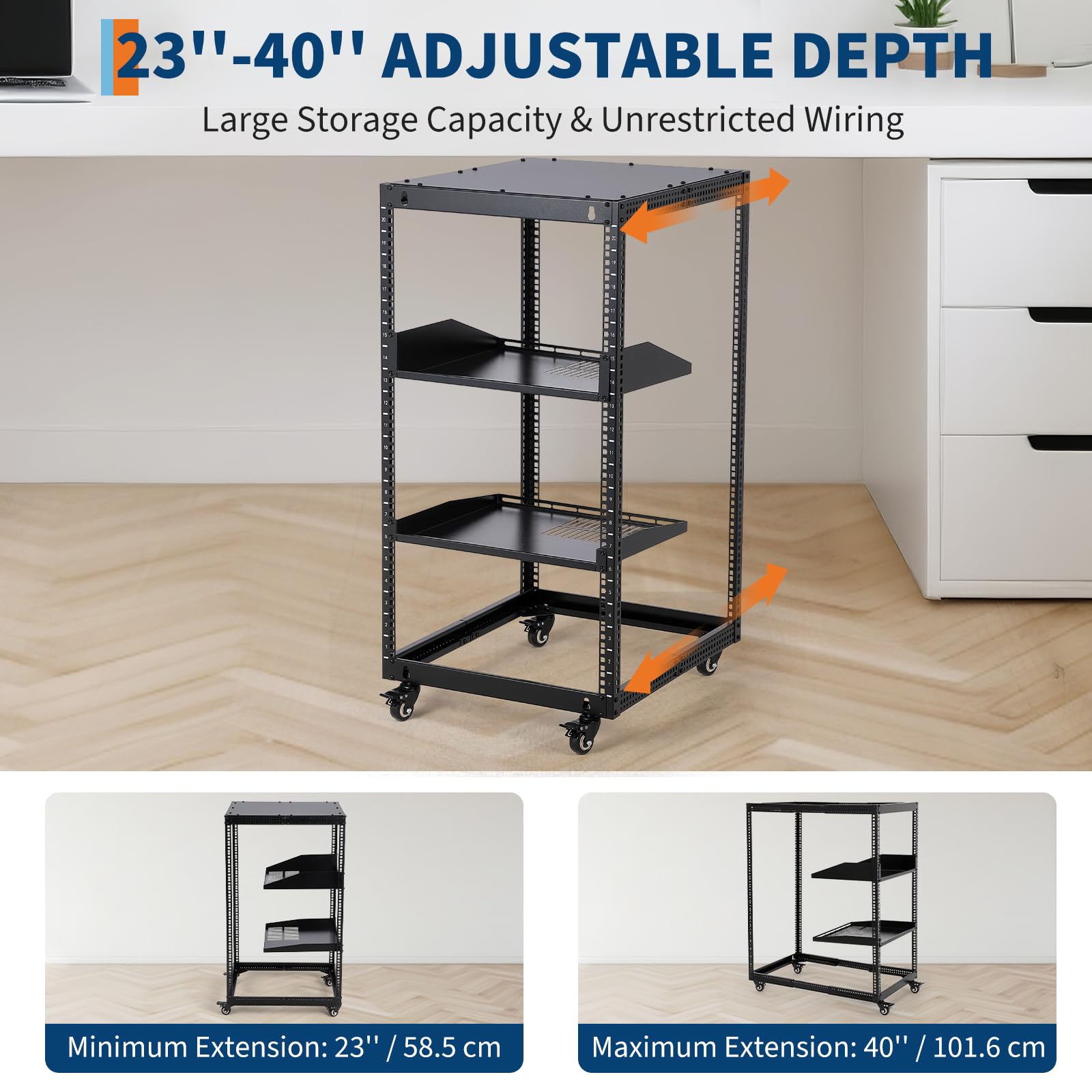 GarveeHome Rack Server e Rete Open Frame in acciaio - Profondità regolabile 56-102cm - 10U - 2 ripiani ventilati, 4 ruote bloccabili - Montaggio a muro o pavimento - Per IT, AV, networking - Include 2