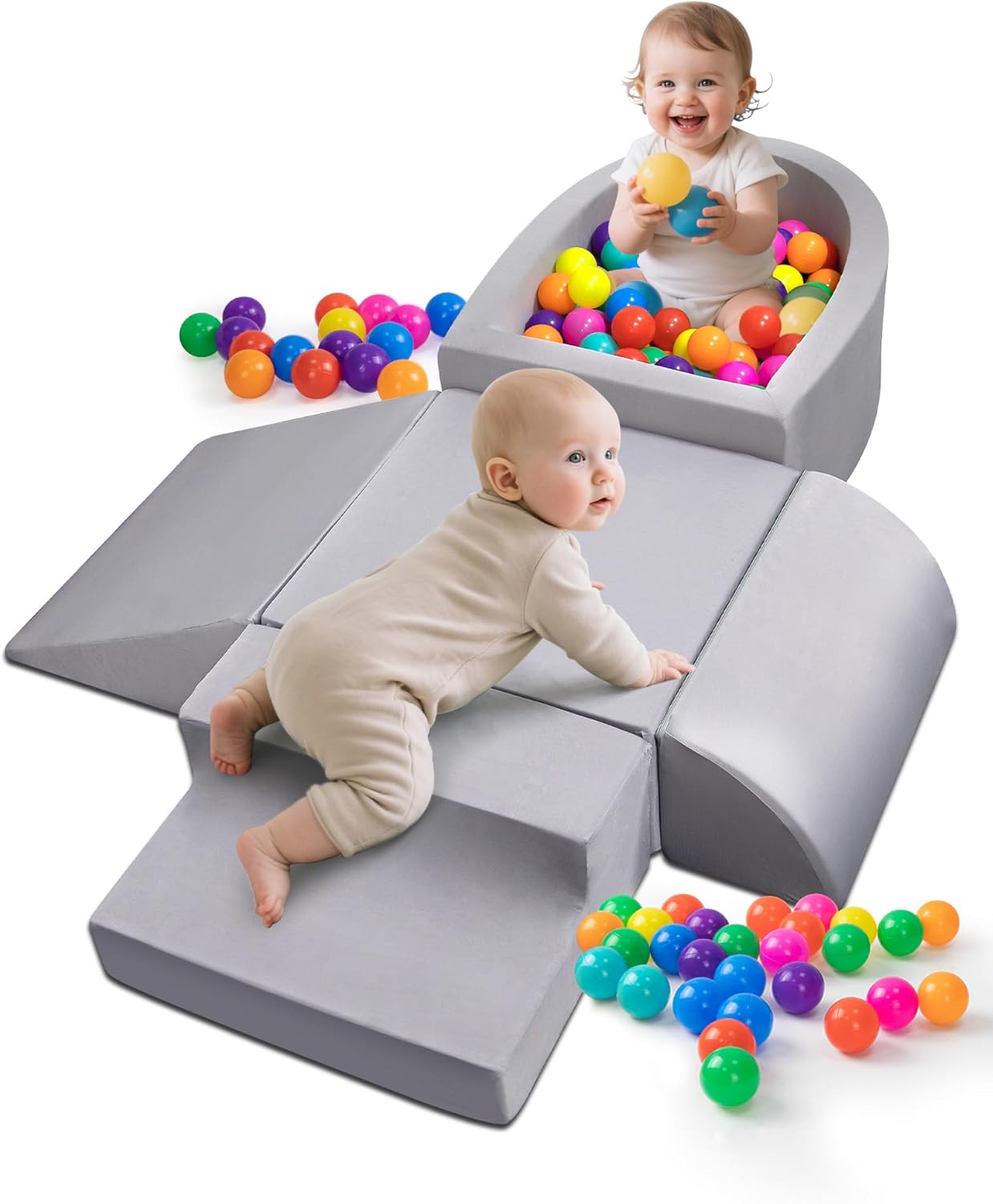 Baby Climbing Blocks, Soft Play Set for Crawling Baby 6-12 Months, Anti-Slip Particles Bottom & Velcro Connectors, High-Density Foam Gym with Soft Fabric Cover (Balls not Included) (Grey)