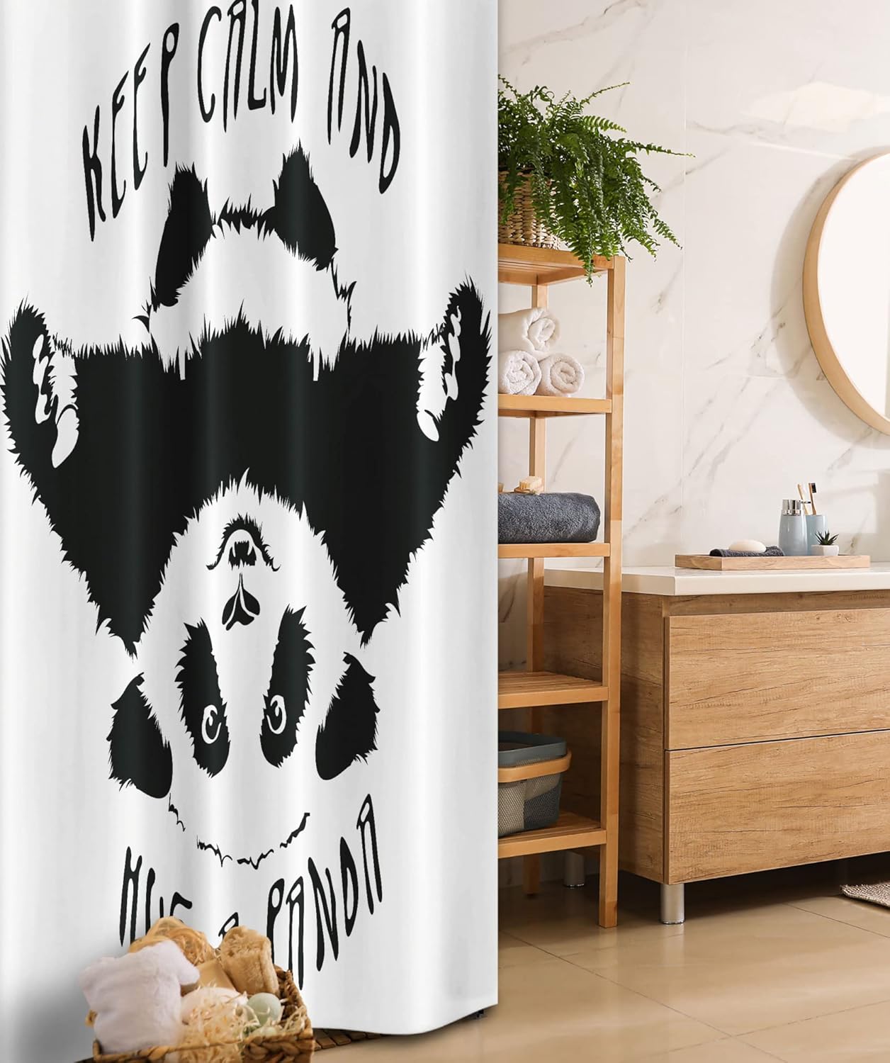 Ambesonne Black and White Stall Shower Curtain, Funny Animal Mascot Keep Calm and Hug a Panda Words Art, Fabric Bathroom Decor Set with Hooks, 36" W x 72" L, White Charcoal Grey