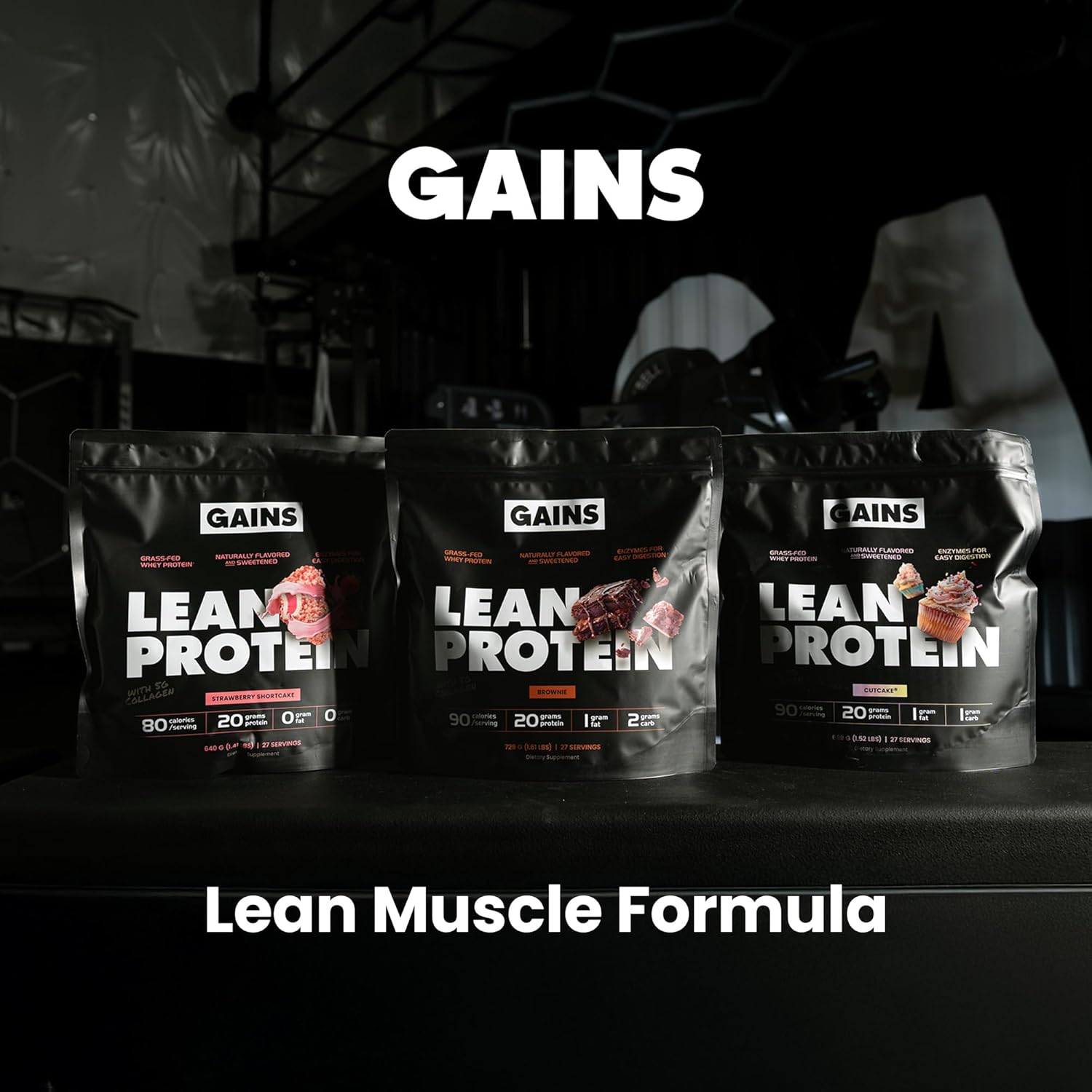 Gains in Bulk Lean Protein Powder with Collagen Peptides, Gluten Free Grass Fed Whey, 20 G Protein & 5 G Collagen, Plant Enzymes to Support Digestion, Natural Ingredients, Brownie Flavor, 27 Servings