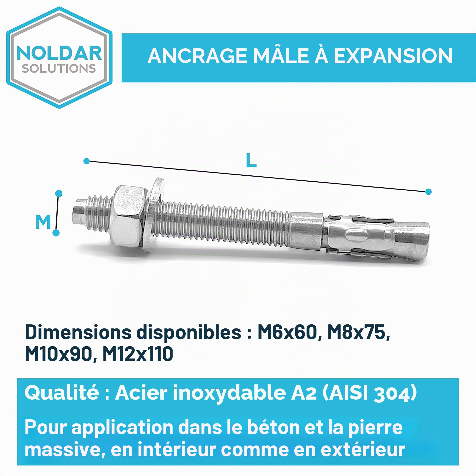 Goujons d'ancrage. Acier inoxydable AISI 304 (A2). Boulons à Expansion. M10 x 90mm (25 pièces). Pour le béton/pierre.