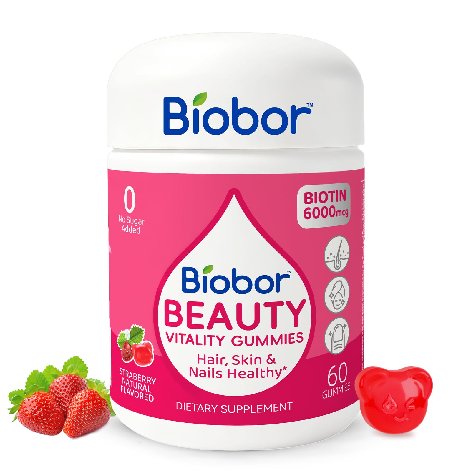 Biobor Hair Skin & Nails Gummies, 6000 mcg Biotin for Beauty Support, 60 Ct 60 Count (Pack of 1)