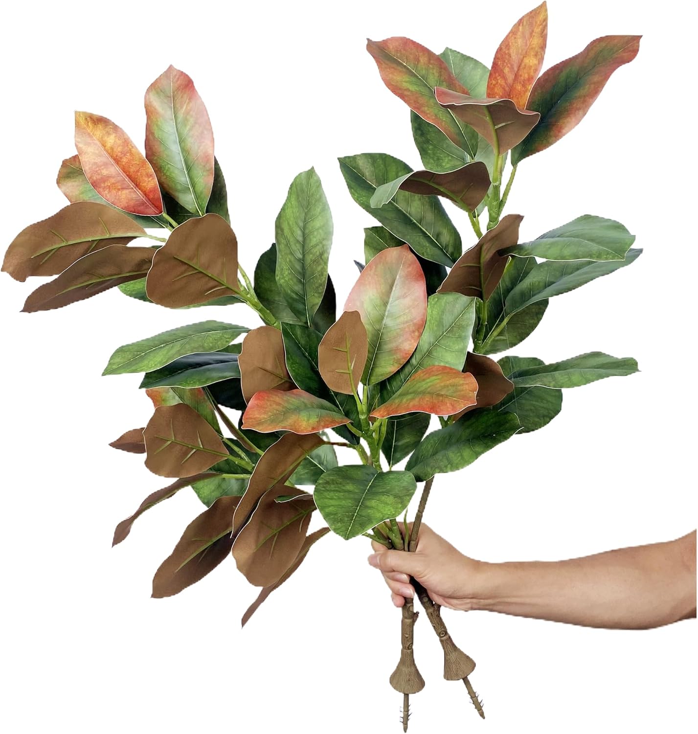 Artificial Magnolia Leaf Faux Ficus Tree Houseplants Greenery for Home Office Garden Indoor and Outdoor Decoration (Green - Pack of 2)