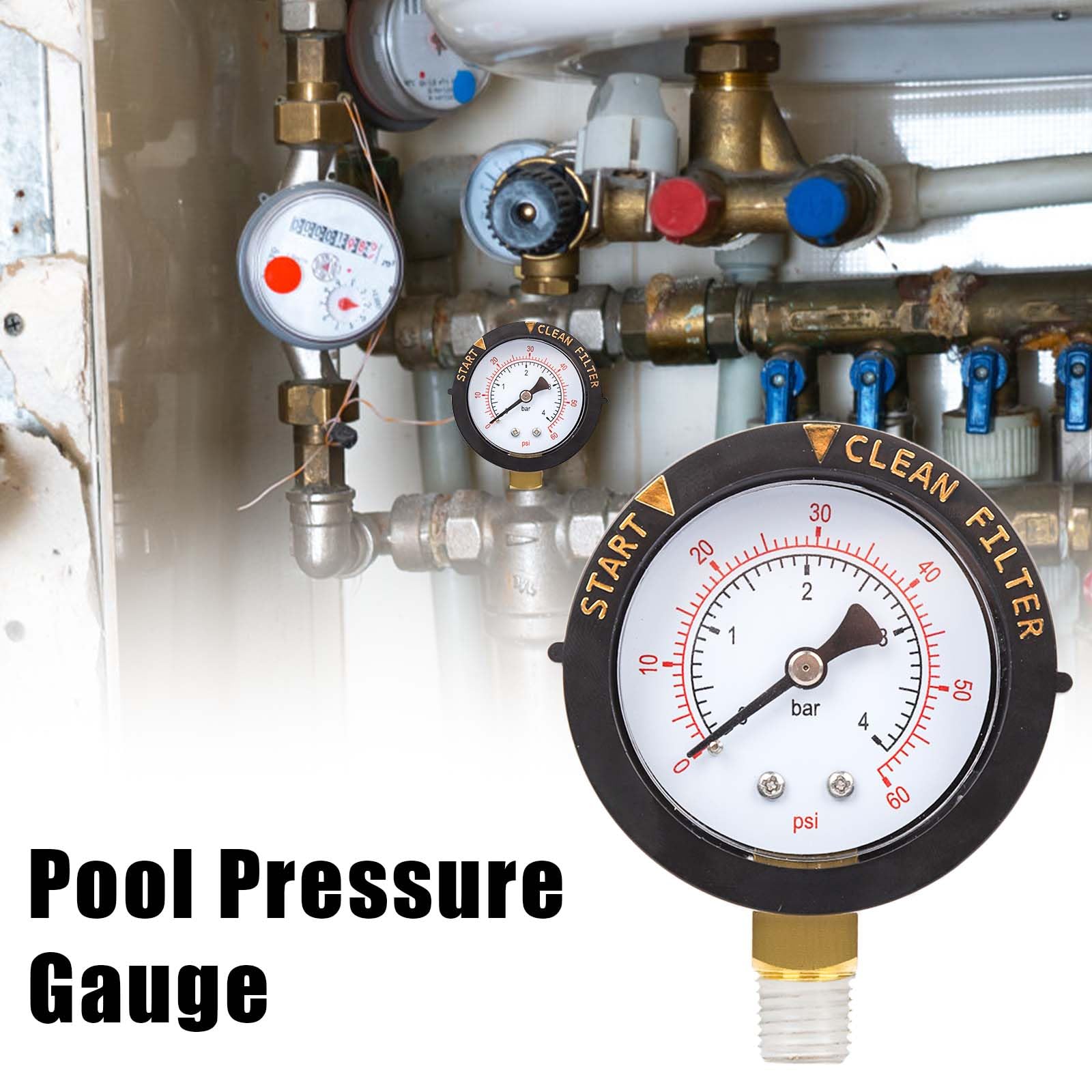 Manometer für Pool Filter 0-60 PSI mit Dichtungsband, 1/4 NPT Rückmontage Wasserdruckmessgerät Filterreinigungsanzeige für Schwimmbäder Pumpen Spa Aquarium Druckprüfung