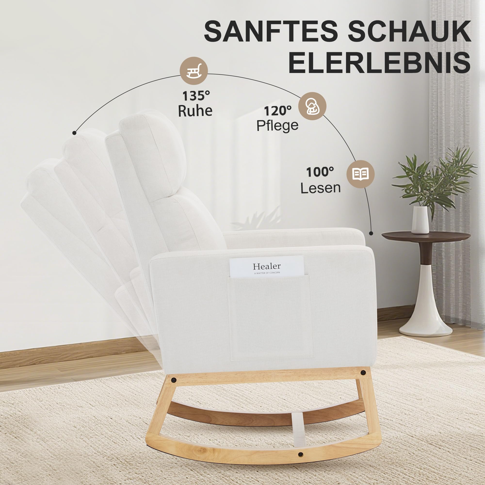 XH. Easy Go Schaukelstuhl fürs Kinderzimmer Schaukelsessel Stillsessel mit Hoher Rückenlehne, Stillstuhl Leinen Schaukelstühle Rocking Chair für Wohnzimmer und Schlafzimmer,Bis 150 kg, Elfenbein