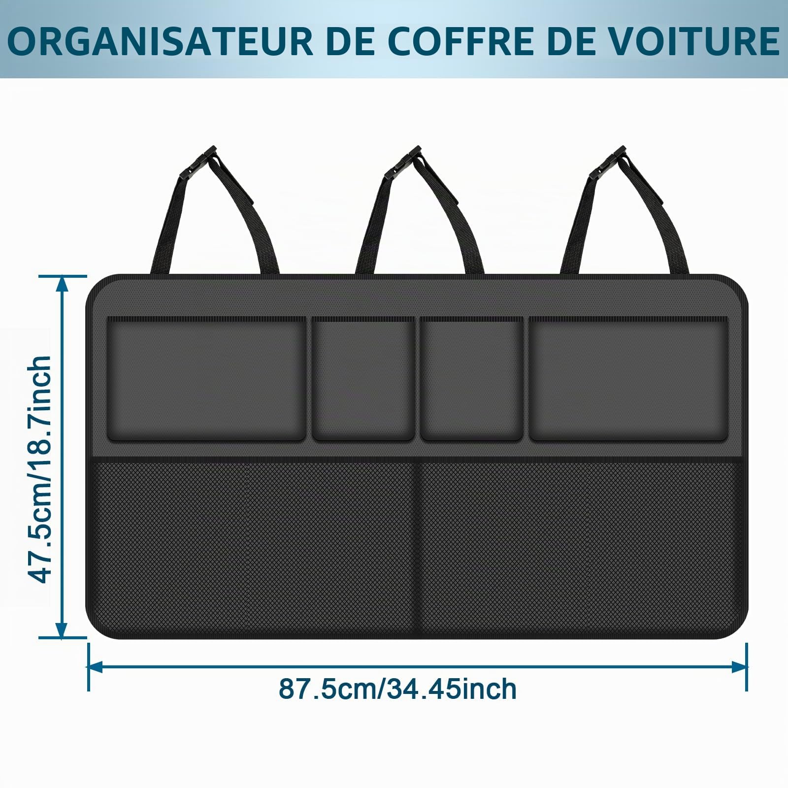Rangement Coffre Voiture 1860D – Organisateur de Siège Arrière Pliable pour SUV, 8 Poches, Accessoire Voiture Enfant – Noir | Organiseur de coffre de voiture - Accessoires d'intérieur - Tissu Oxford 1680D imperméable - Noir