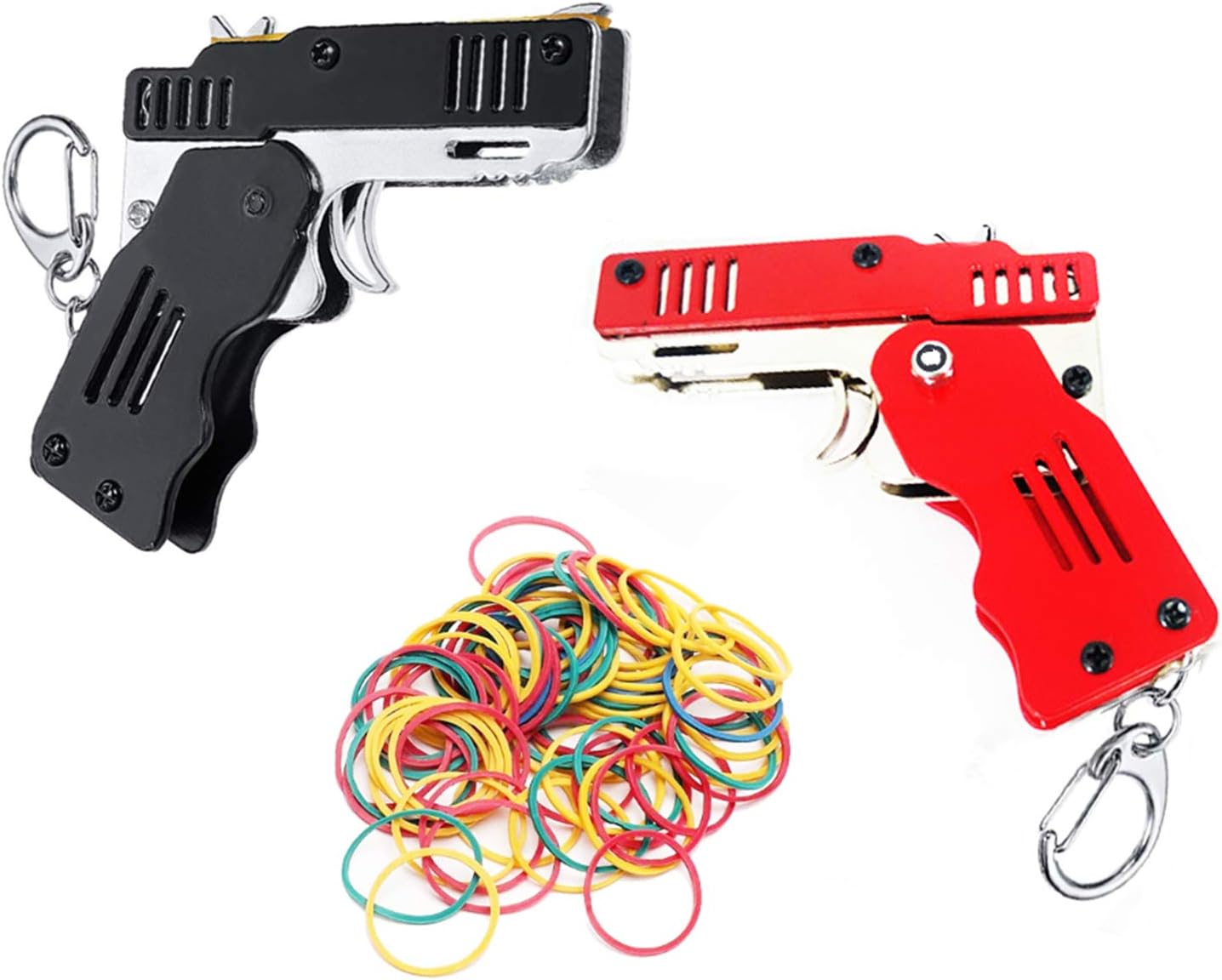 2 Pieces Rubber Band Gun Toy Easy Load Foldable Handmade Toy Gun Mini Metal Rubber Gun with Keychain and 200 Elastic Rubber Bands