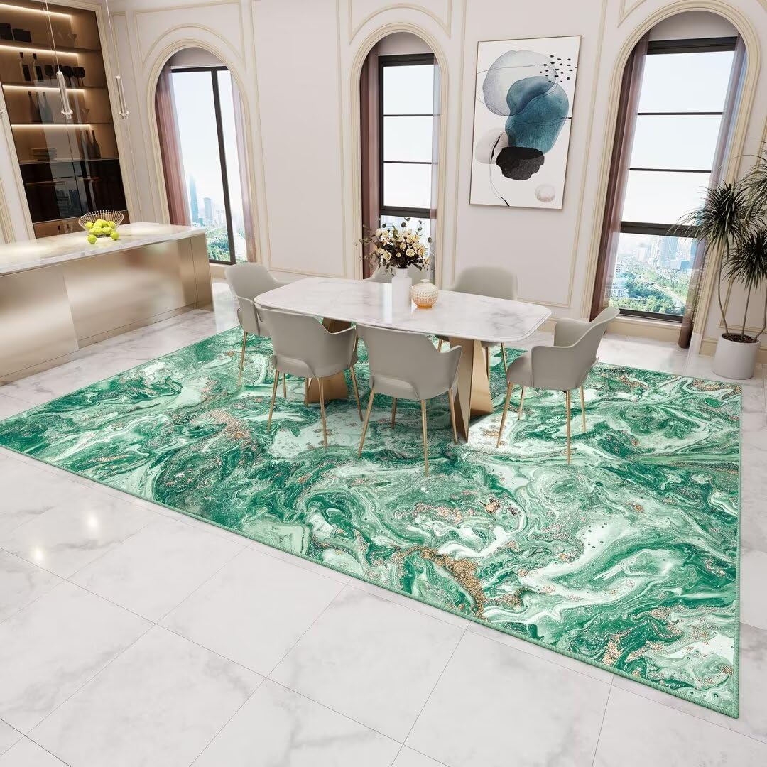 GEMBED Washable Area Rug 5x7 - Artistic Style Modern Rug for Living Room Bedroom Dining Room, Soft Low Pile Machine Washable Carpet, Non Slip Non Shedding Area Rug - Green/Gold, 5'x7'