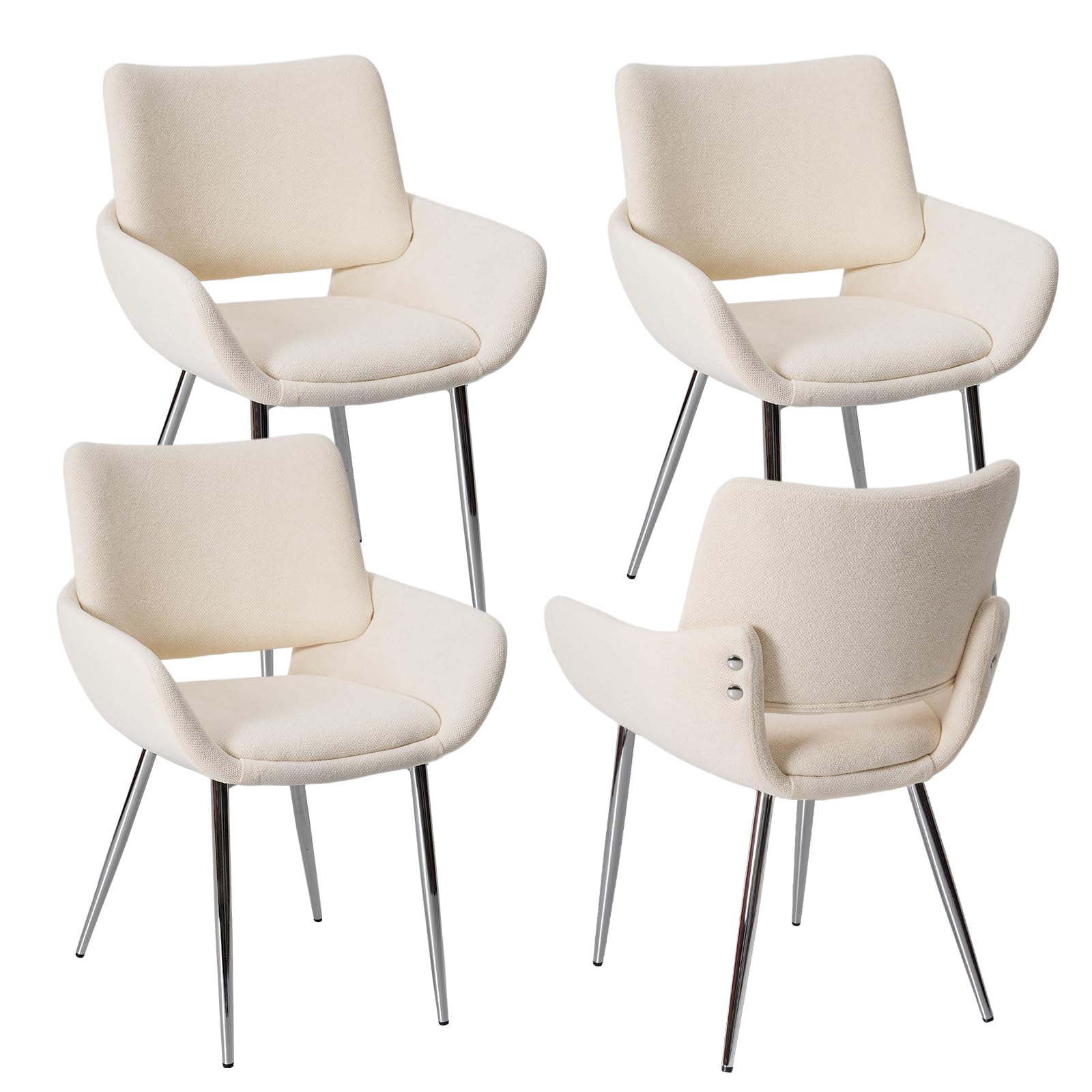 ELUCHANG 4 Sillas de Comedor, Chenilla​ Blanco Hueso, con Respaldo y Reposabrazos,Patas metálicas, para Comedor, Tocador, Cocina, Estables 150 kg