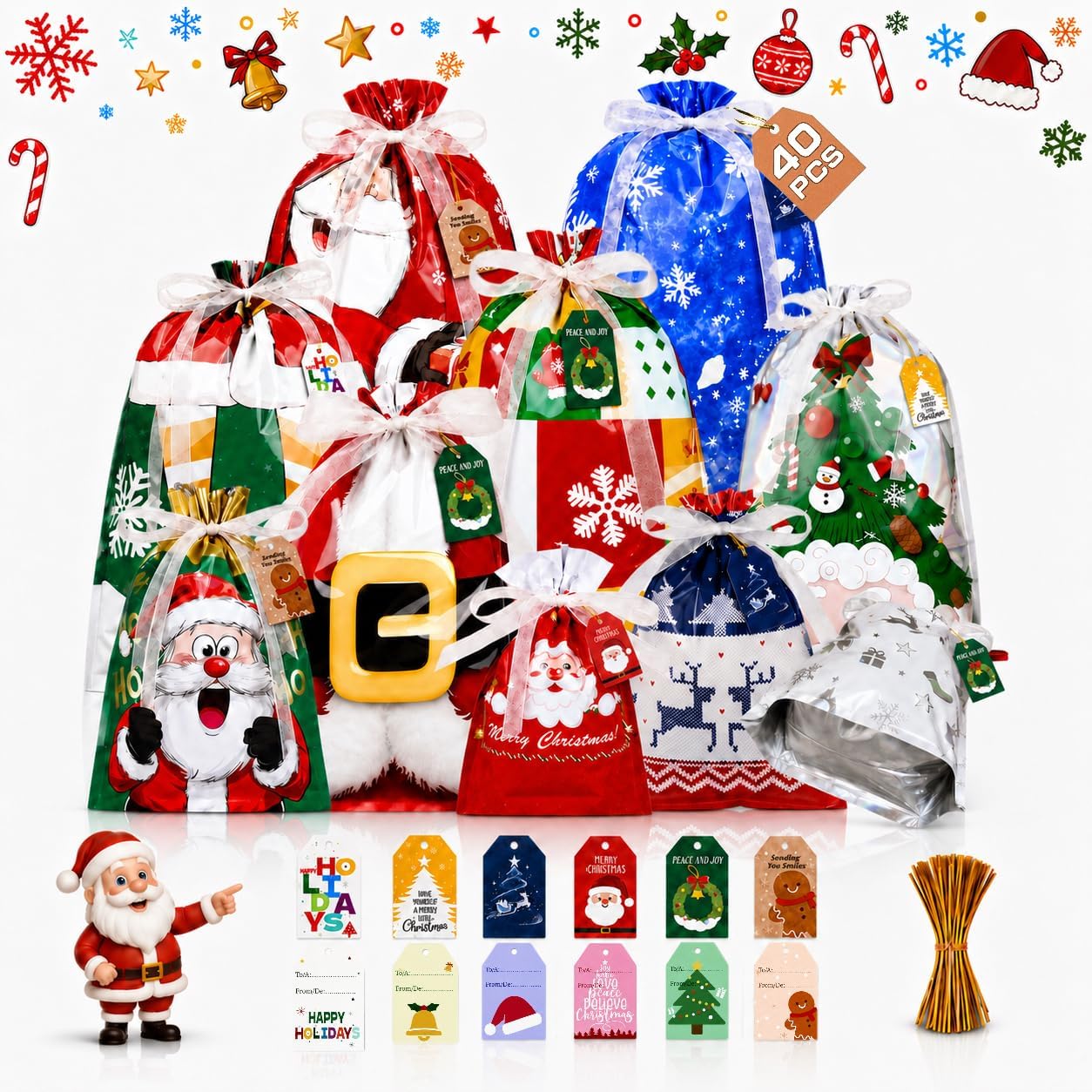VUVVITTO 40PCS Christmas Drawstring Gift Bags Stand Up with Name Tags & Ribbons Reusable Holiday Wrapping Sacks Assorted Sizes XL Large Medium Small for Xmas Presents and Party Favors