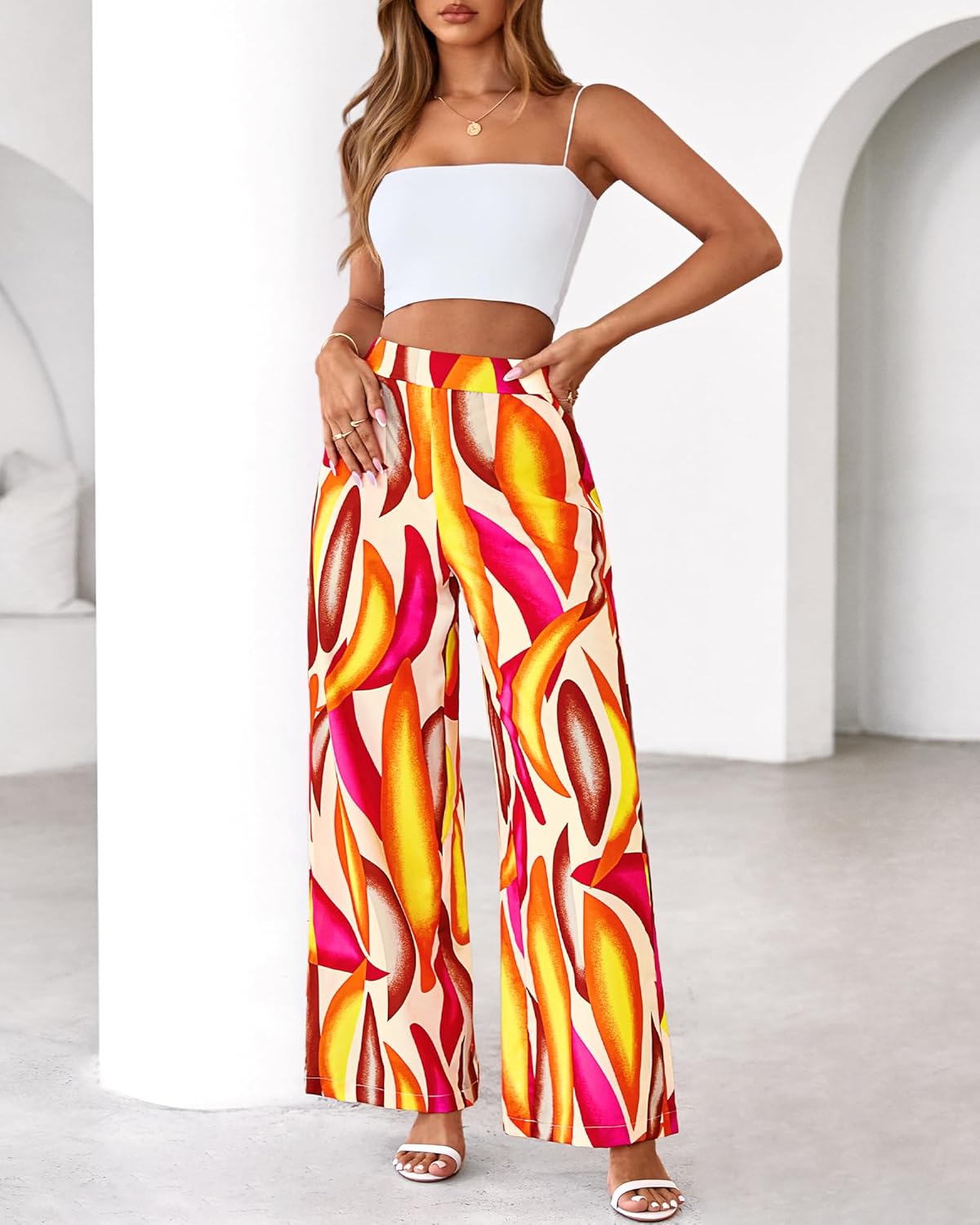 BTFBM Womens Pants 2026 Pockets Boho Printed Elastic Waist Wide Leg Palazzo Pants for Women Work Beach Vacation Clothes - Image 4