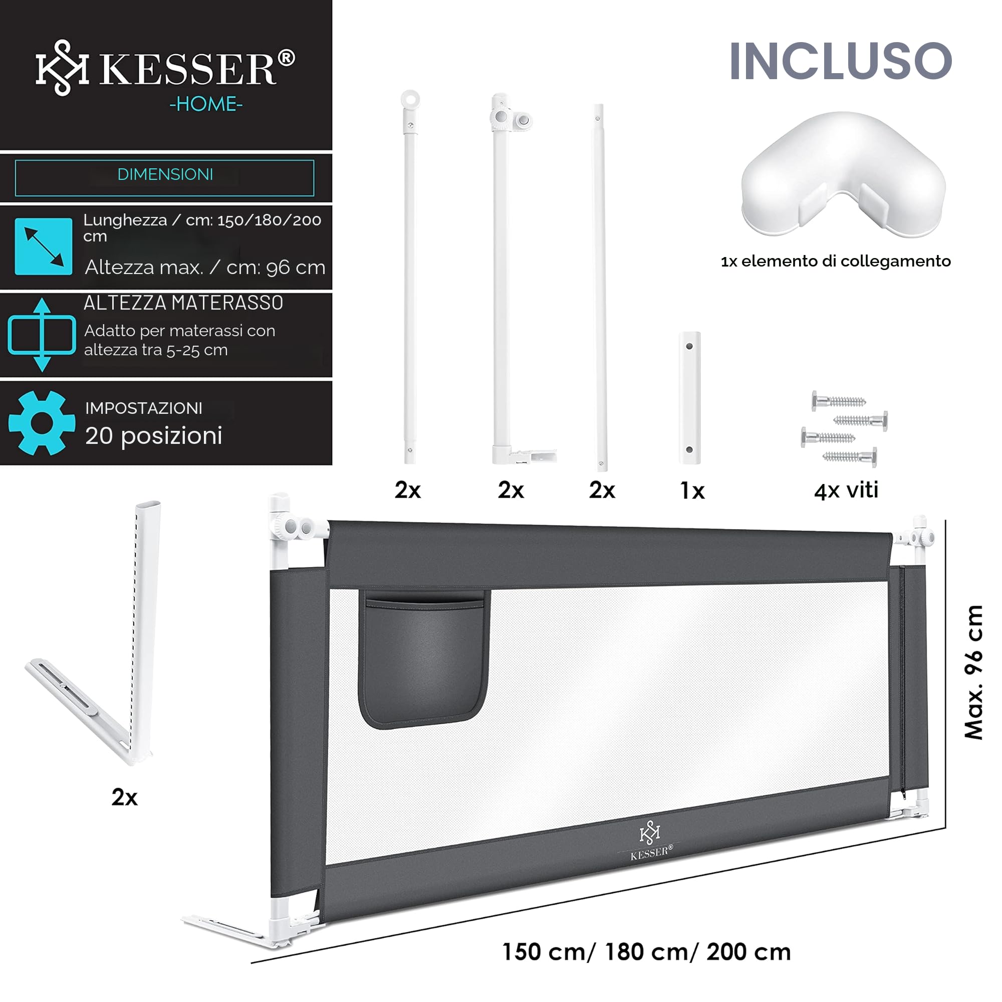 KESSER® Sponda da letto, Protezione per letto, Sponda da letto per bambini, Sponda da culla, Barriera letto per bambini, 150cm - Grigio Scuro