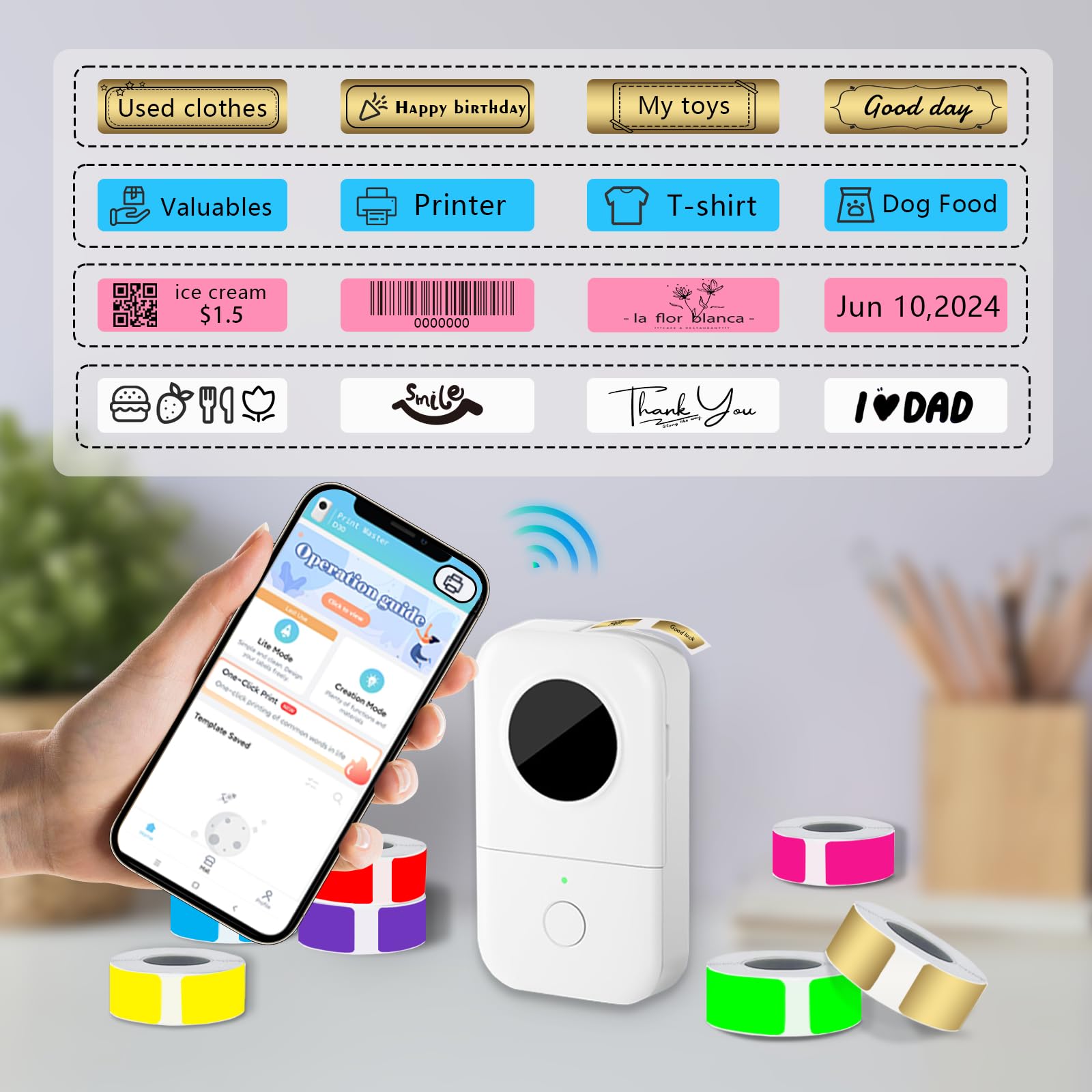 Nastro termico per etichette (1,4 x 4 cm), 4 rotoli, 640 etichette in totale, stampante adesiva termica compatibile con etichettatrice D30, nastro adesivo per casa, scuola e ufficio, oro