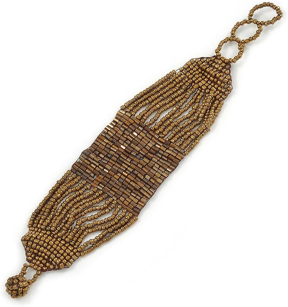 Avalaya Handmade Gold Bronze Glass Bead Bracelet with Loop and Button Closure - 16cm L/ 3cm Ext