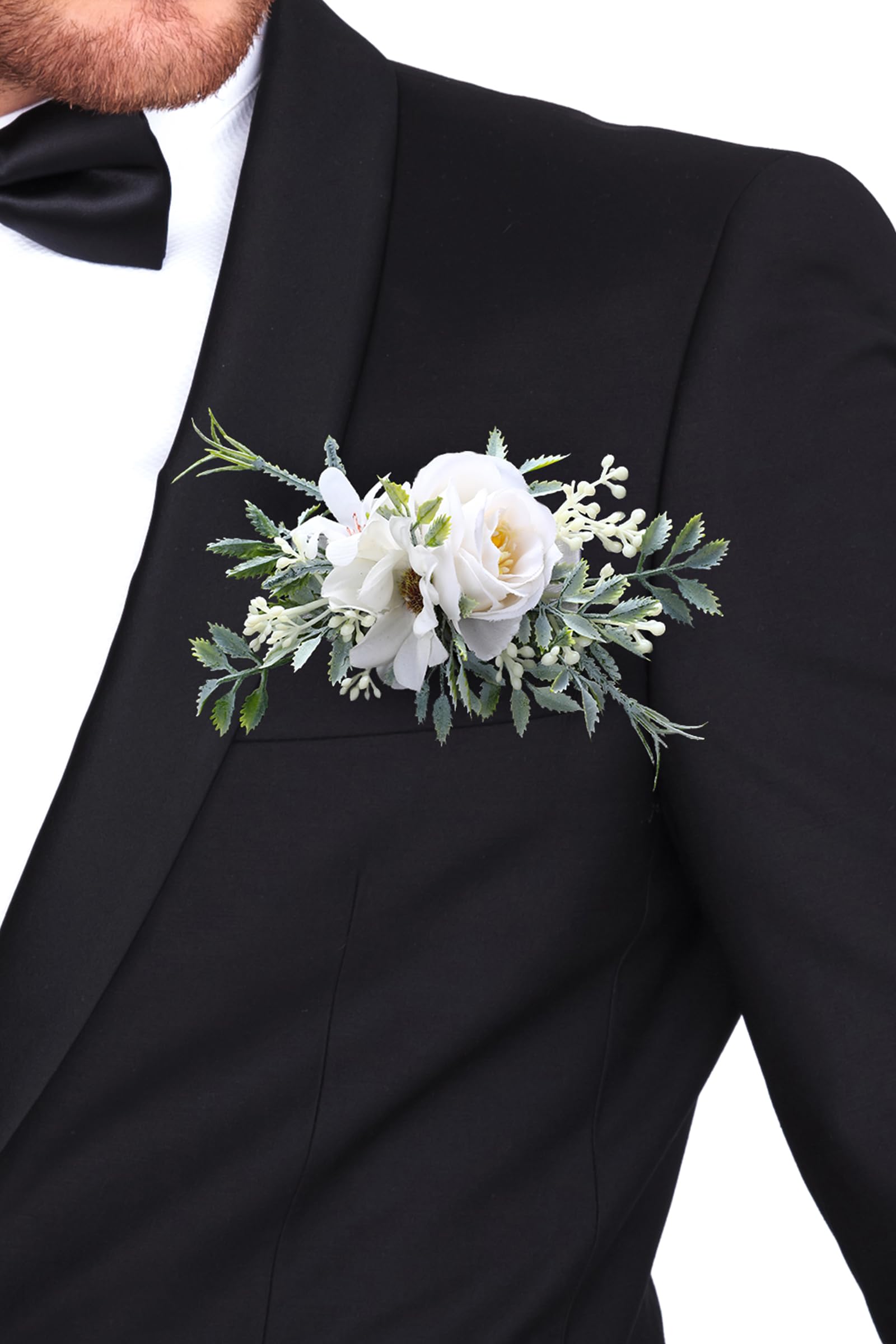 PartyforU Ivory Rose Groom and Groomsmen Boutonniere - Men Wedding Homecoming Pocket Corsages