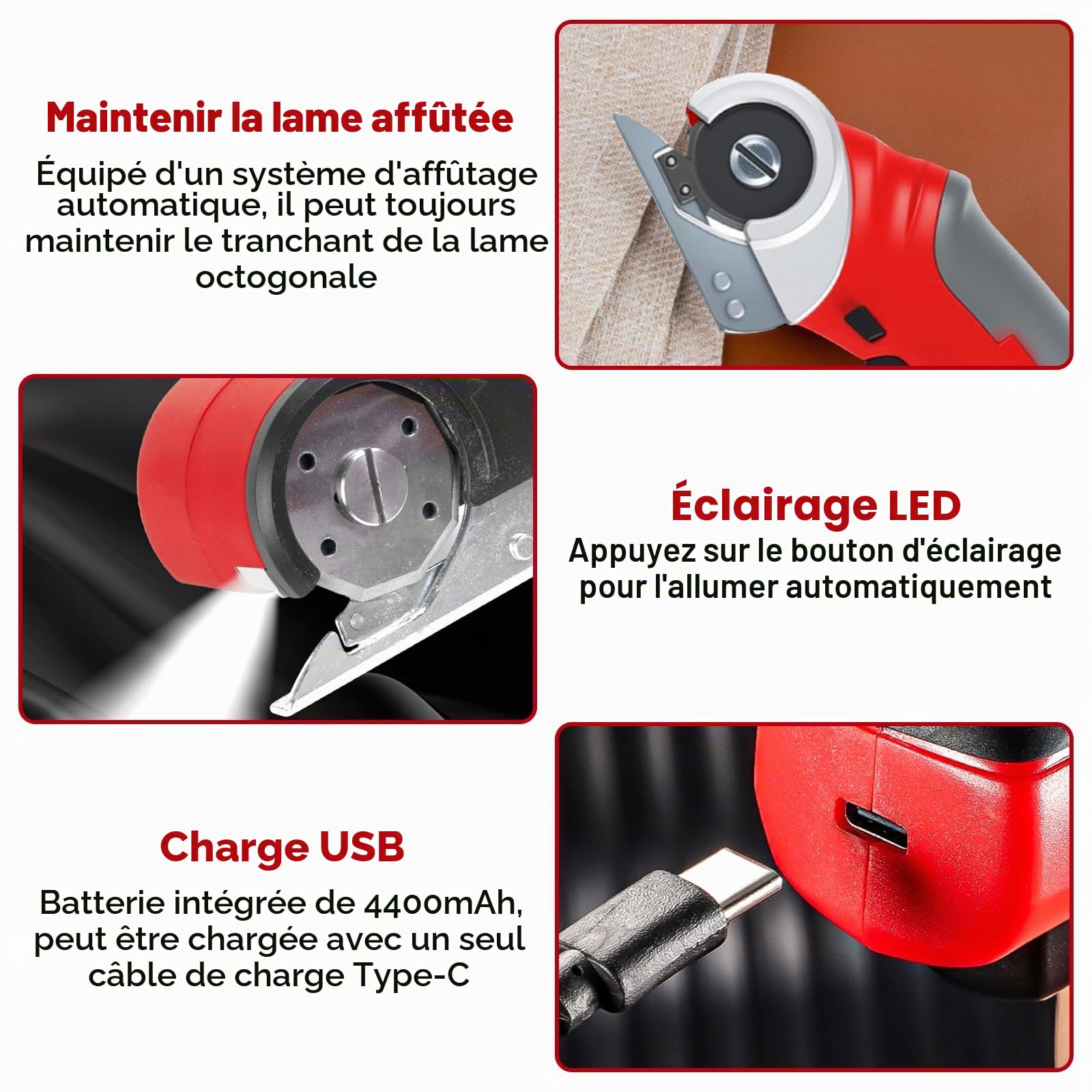 Cisailleuse électrique en carton, cisaille électrique 2000 mAh, cisaille électrique 4,2 V avec disjoncteur de sécurité, pour tissus, tapis, cuir (rouge)