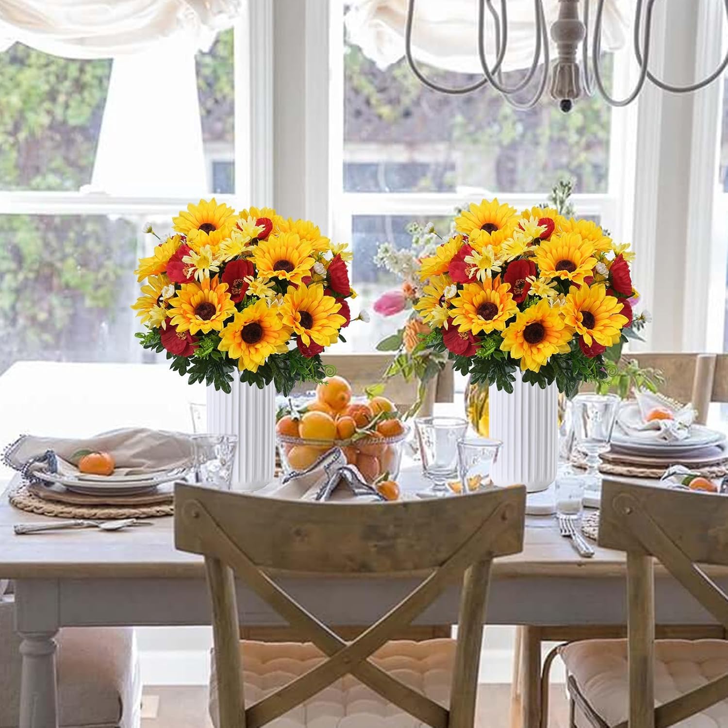 Sunflowers Artificial Flowers Faux Sunflower with Daisy Poppy Fake Silk Flower Arrangements Cemetery Flowers for Grave Porch Home Kitchen Office Spring Decor 4 Bundles - Image 5