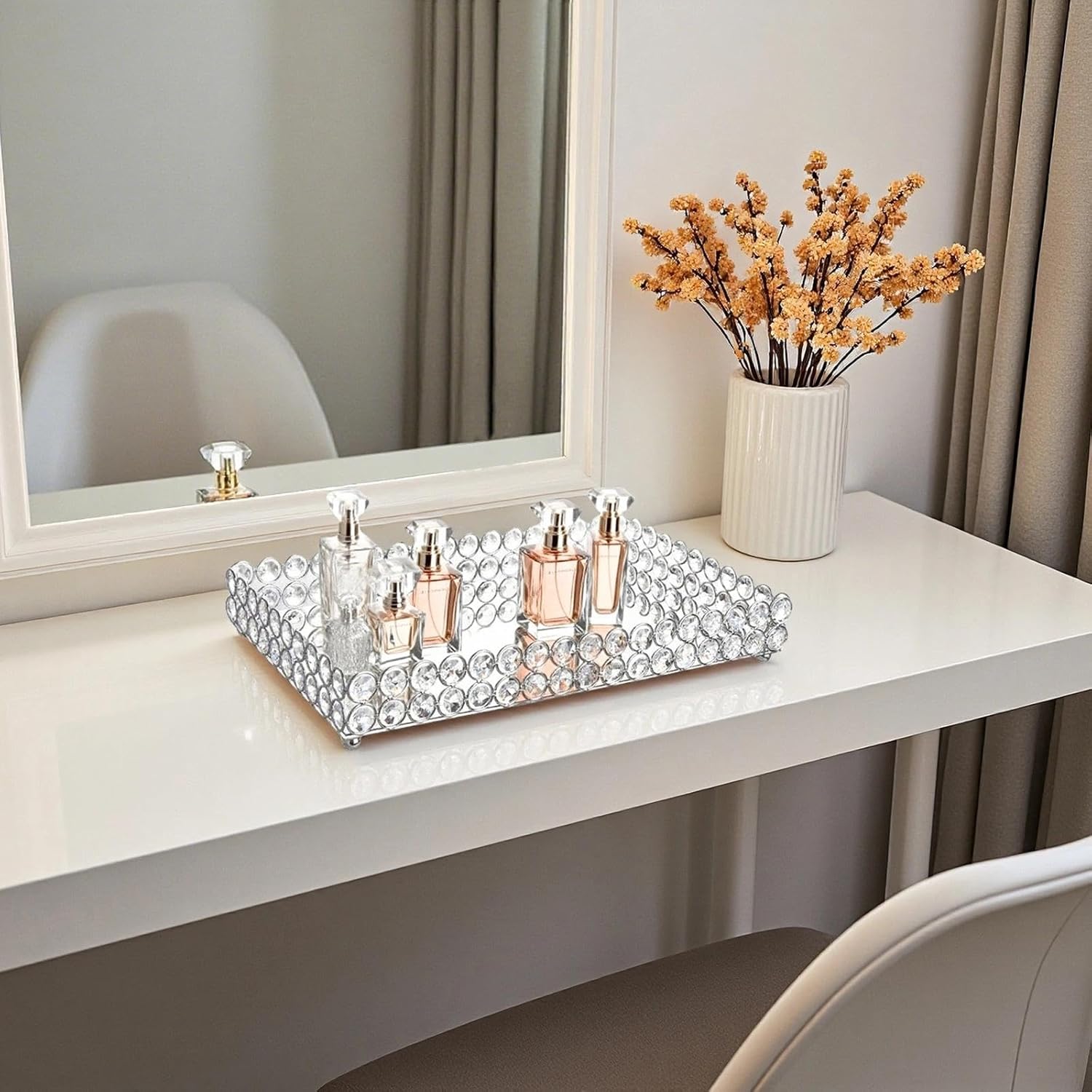 Feyarl Crystal Perfume Tray Cosmetic Vanity Makeup Tray Mirrored Jewelry Trinket Rings Earrings Organizer Storage Decorative Tray for Dresser Countertop Wedding Home Bathroom(13.7" x 7.87")