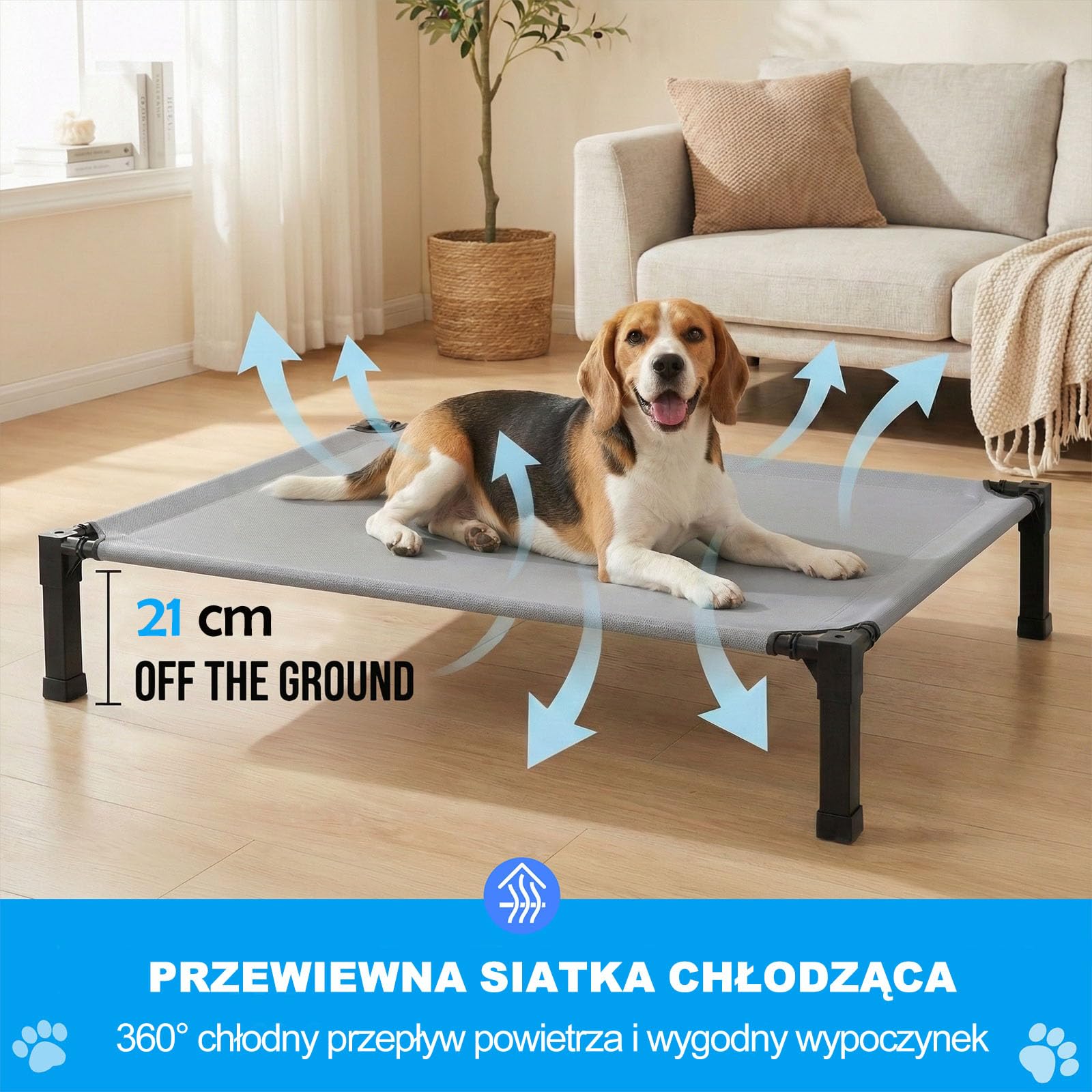 Niubya Podwyższone Legowisko dla Średnich Psów L 107x76x21 cm, Wytrzymała Siatka, Antypoślizgowa Rama Stalowa, Idealne do Ogrodu i na Kemping