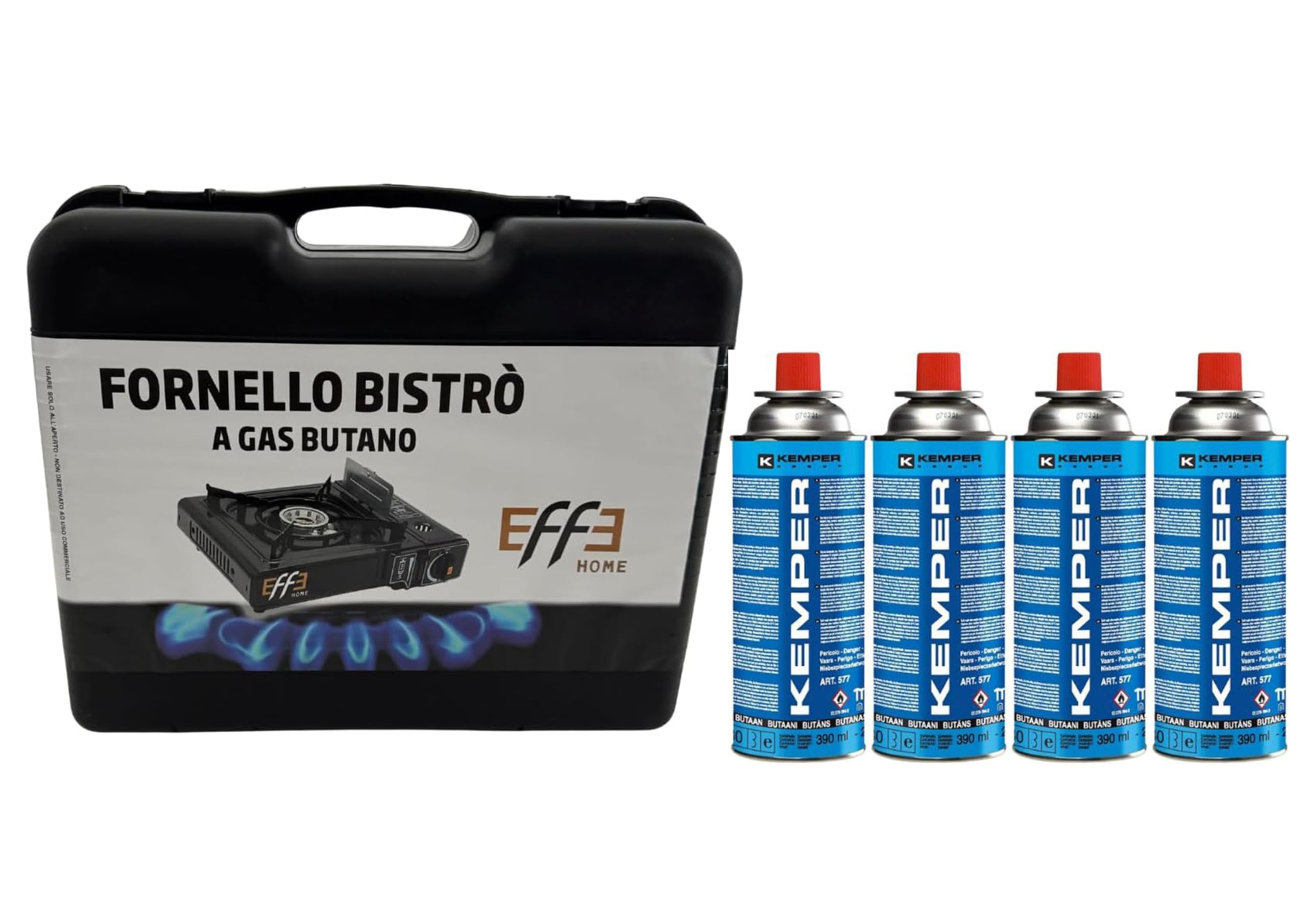 Fornello a gas da campeggio in valigetta per trasporto+ 4 bombole kemper Gas Butano