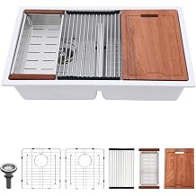 Lordear 33 Granite Composite Kitchen Sink Double Bowl White Granite Kitchen Sink Ledge Workstation 33"x19" White Undermount Double Bowl 50/50 Low Divide Quartz Classic Composite Under Counter Basin