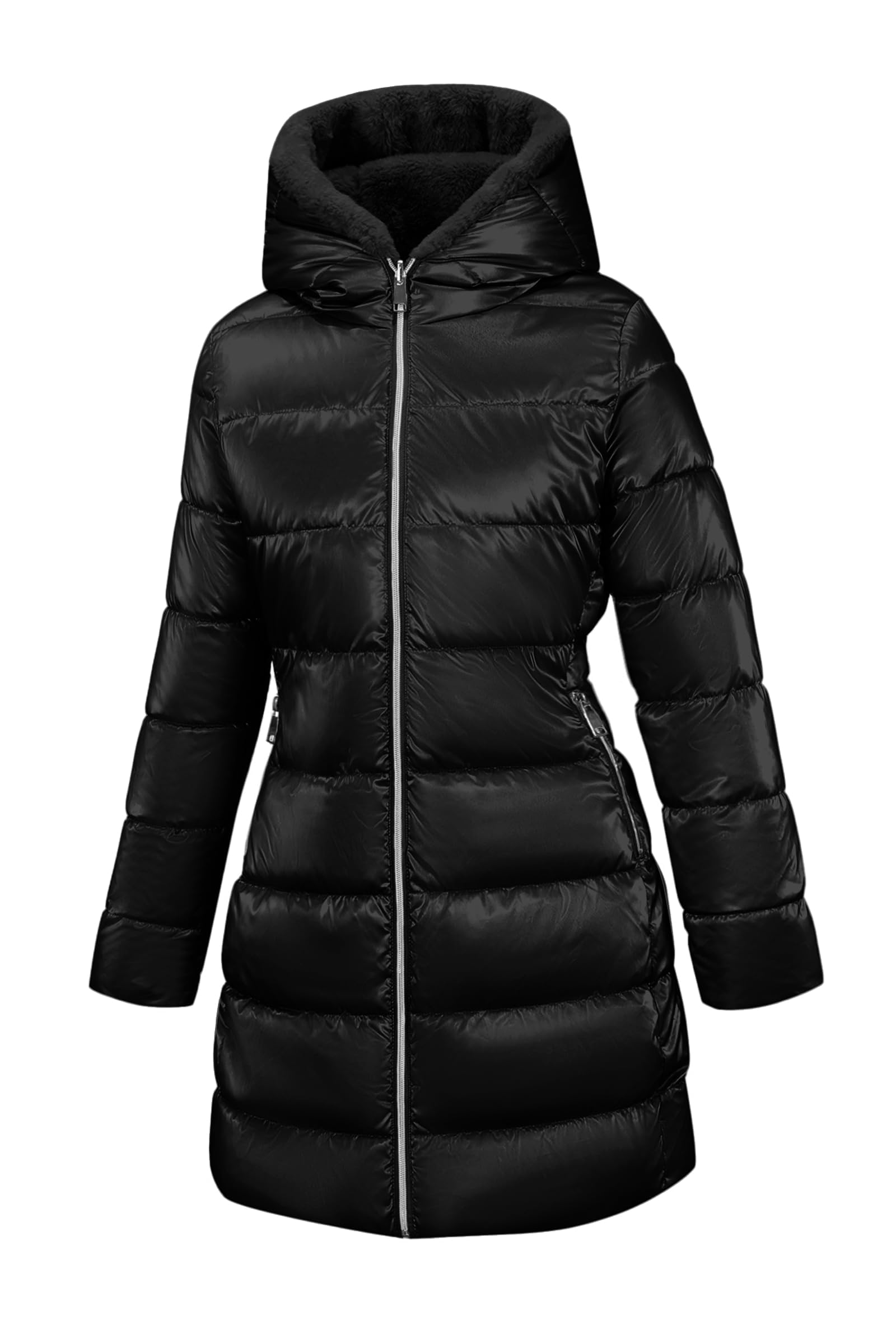 Giolshon Chaquetas reversibles de pelo sintético y brillantes para mujer Abrigo acolchado con capucha resistente al agua Longitud media