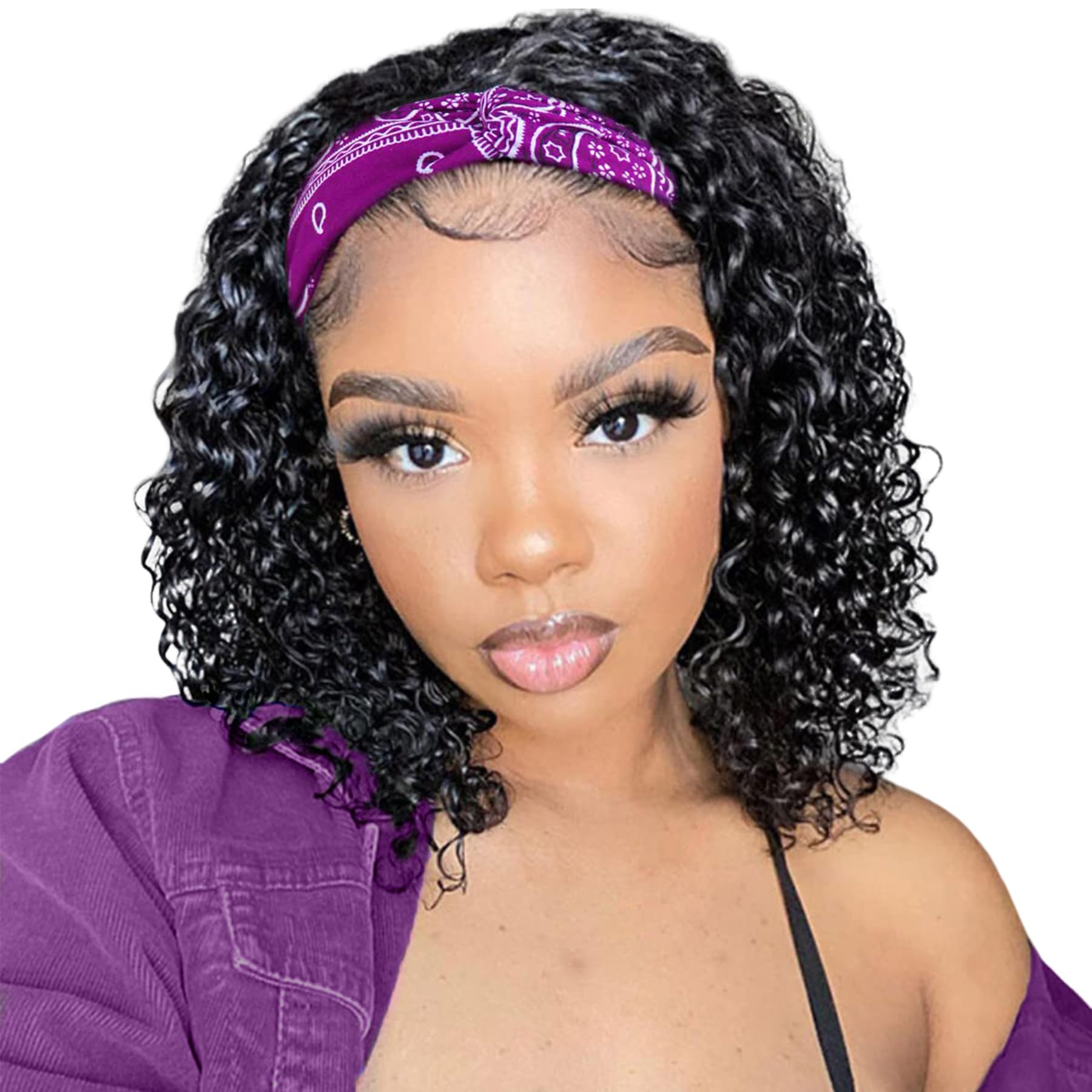 JCL Headband Wig Human Hair Deep Wave Headband Wigs Human Hair Wig 12 Inch Glueless Wigs Human Hair Natural Color Curly Human Hair Wigs for Black Women Human Hair None Lace Front Wigs Human Hair