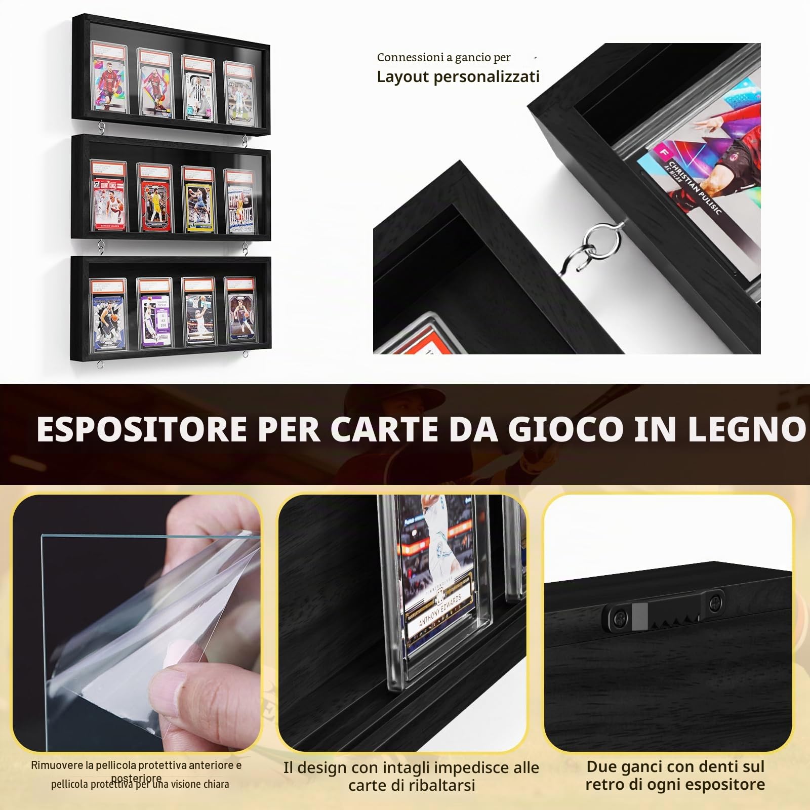 3 Pezzi Espositore a Parete di Carte, Legno Piani Espositore di Carta per Collezione di Baseball Sport, Cornice di Visualizzazione HD