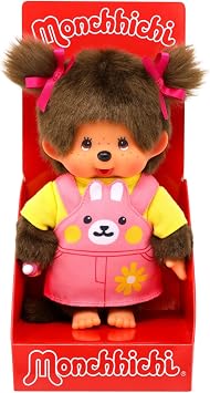 Sekiguchi 203888 Original Monchhichi Girl with Bib Dress and Rabbit Face Approx. 20 cm Cuddly Toy Made of Brown Plush