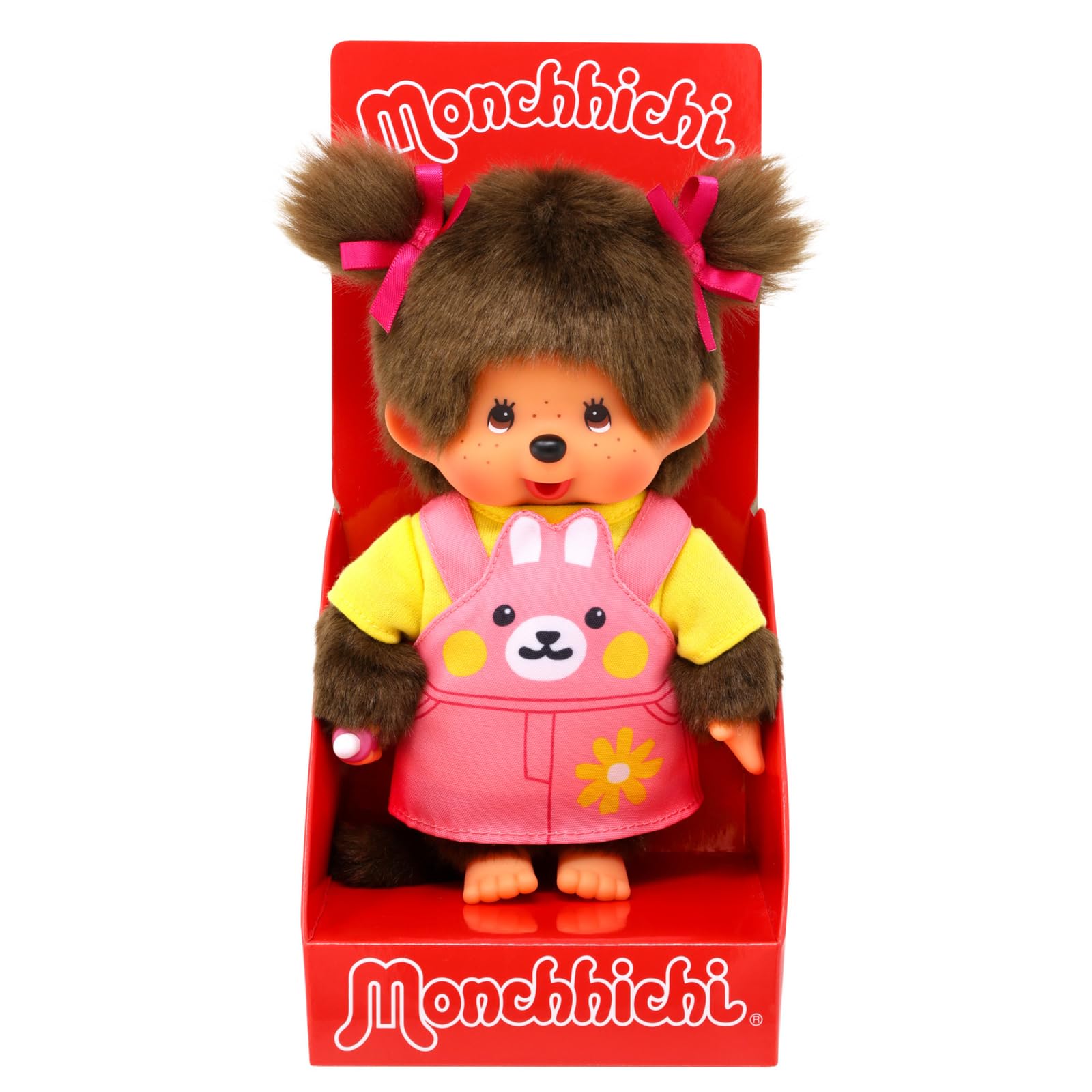 Sekiguchi 203888 Original Monchhichi Girl with Bib Dress and Rabbit Face Approx. 20 cm Cuddly Toy Made of Brown Plush