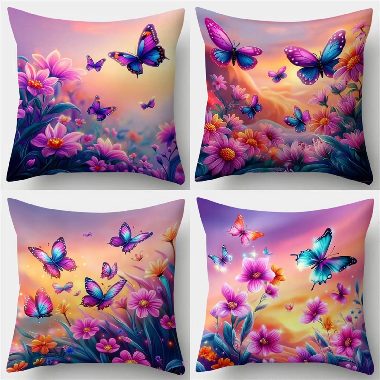 Fundas de Cojines 60x60 cm, Juego de 4 Fundas para Cojines Decorativas de Lino, Mariposa Flores Moradas, Fundas de Almohada para Sofá, Silla y Decoración de Interiores