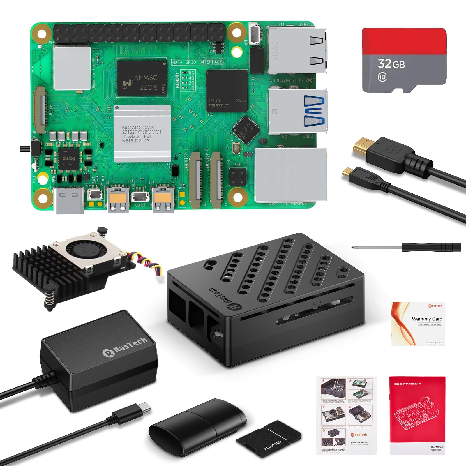 RasTech Kit pour Raspberry Pi 5 8 Go avec bloc d'alimentation GaN 27 W 5,1 V 5 A USB-C, refroidisseur actif, kit de carte Reders 32 Go, câble de sortie Micro HD 4K, boîtier Pi 5 8 Go et manuel