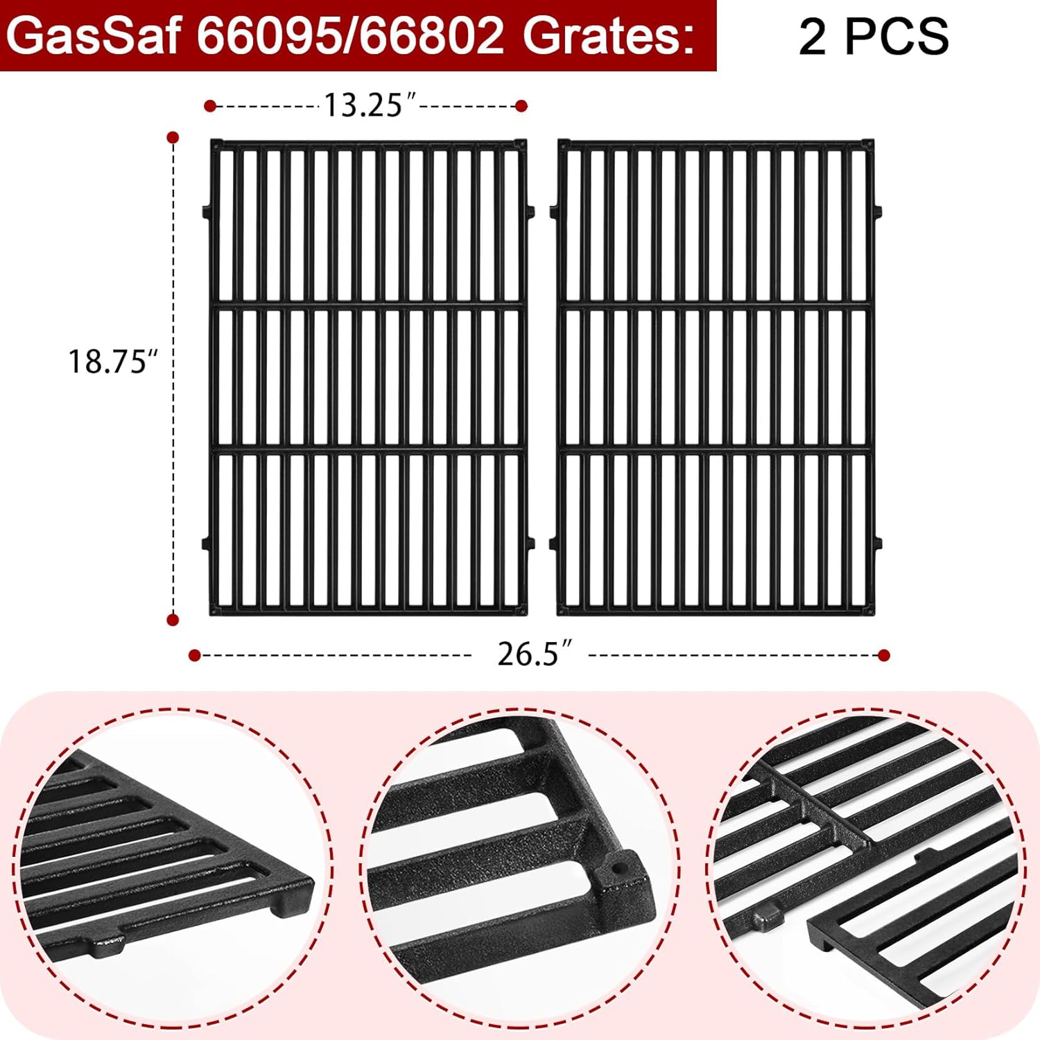 GasSaf 18.75" Grill Grates for Weber Genesis II/LX 300 Grills, Cast Iron Grates for Genesis II E/S 310 315 320 325 340, Replacemenet Parts for Weber 66095 66802 66805 (18.75"x13.25" Each), 2-Pack