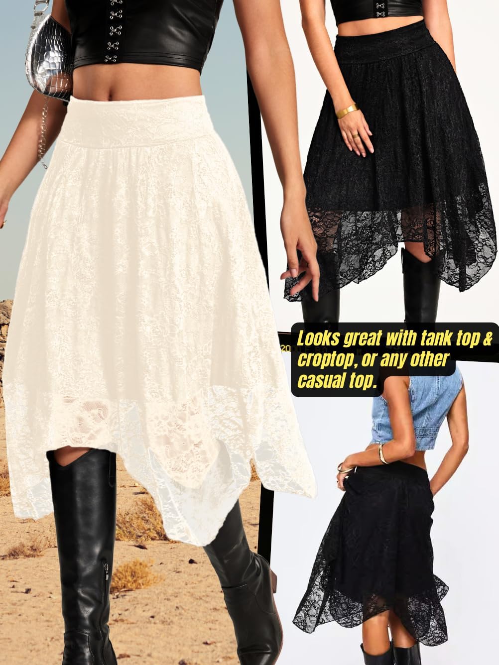 EHSUYAB Women's Lace Midi Skirt, Lining Layer Flowy Goth Renaissance Skirts, Country Concert Outfits Steampunk Music Festival - Image 7