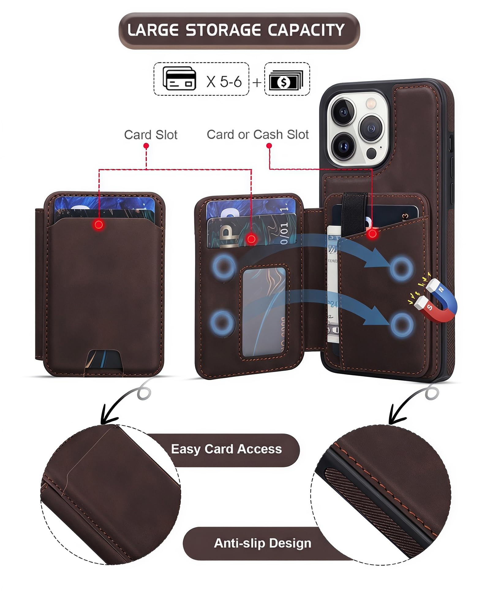 Custodia a portafoglio magnetica staccabile per iPhone 13 Pro Max con cavalletto, 2 in 1 compatibile MagSafe con blocco RFID, custodia sottile in pelle PU marrone vintage