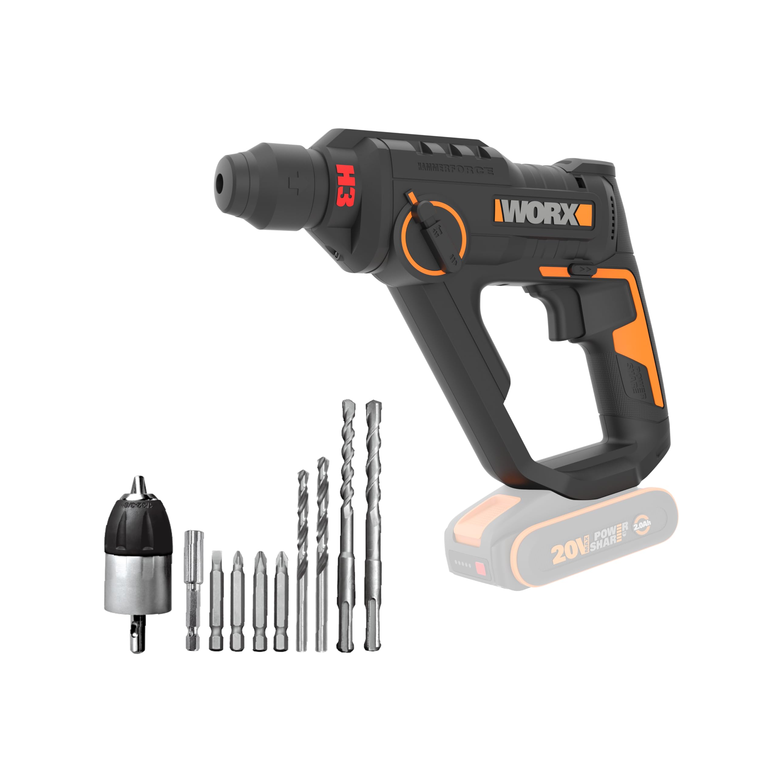 WORX WX391.9 Martillo perforador inalámbrico 20V, 1,2J, SDS-PLUS perforación rápida en hormigón, 3 funciones en 1, incluye 10 brocas para hormigón, madera y metal, sin batería ni cargador