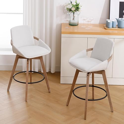 Miniatura 7 de Mid-Century - Juego de 2 taburetes de bar giratorios de 26.5 pulgadas de altura de mostrador, sillas de barra de tela de lino con marco de madera
