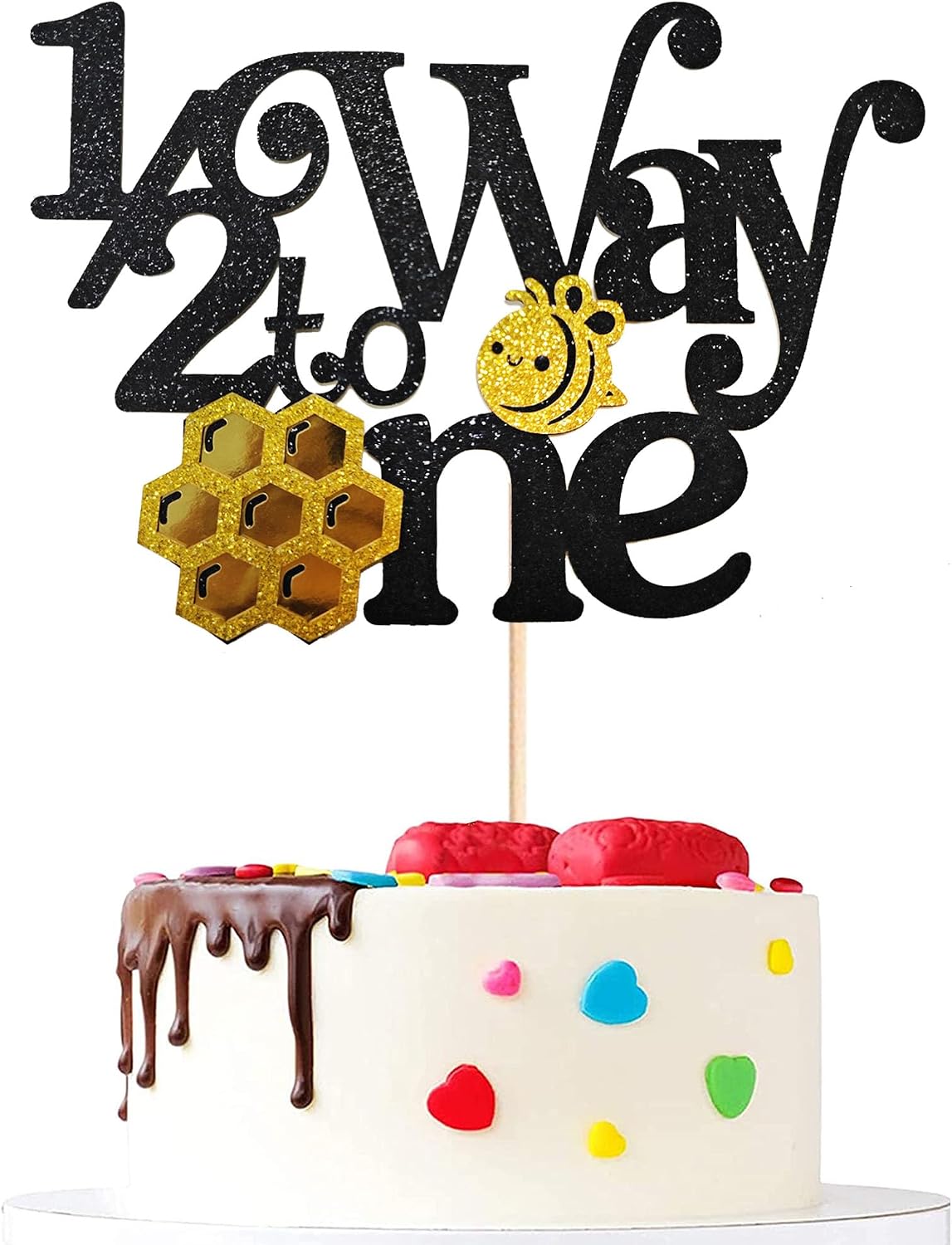 1/2 Way to One Cake Topper - Bee Themed Glitter Baby Shower Decoration for 6 Month Birthday - Adorable First Birthday Party Supplies